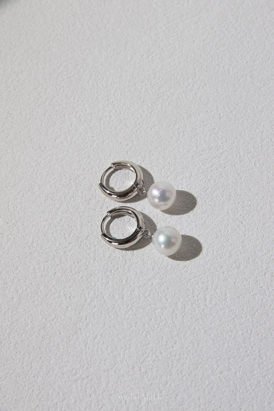 The Classic — White Round Freshwater Pearl Hoop Earrings