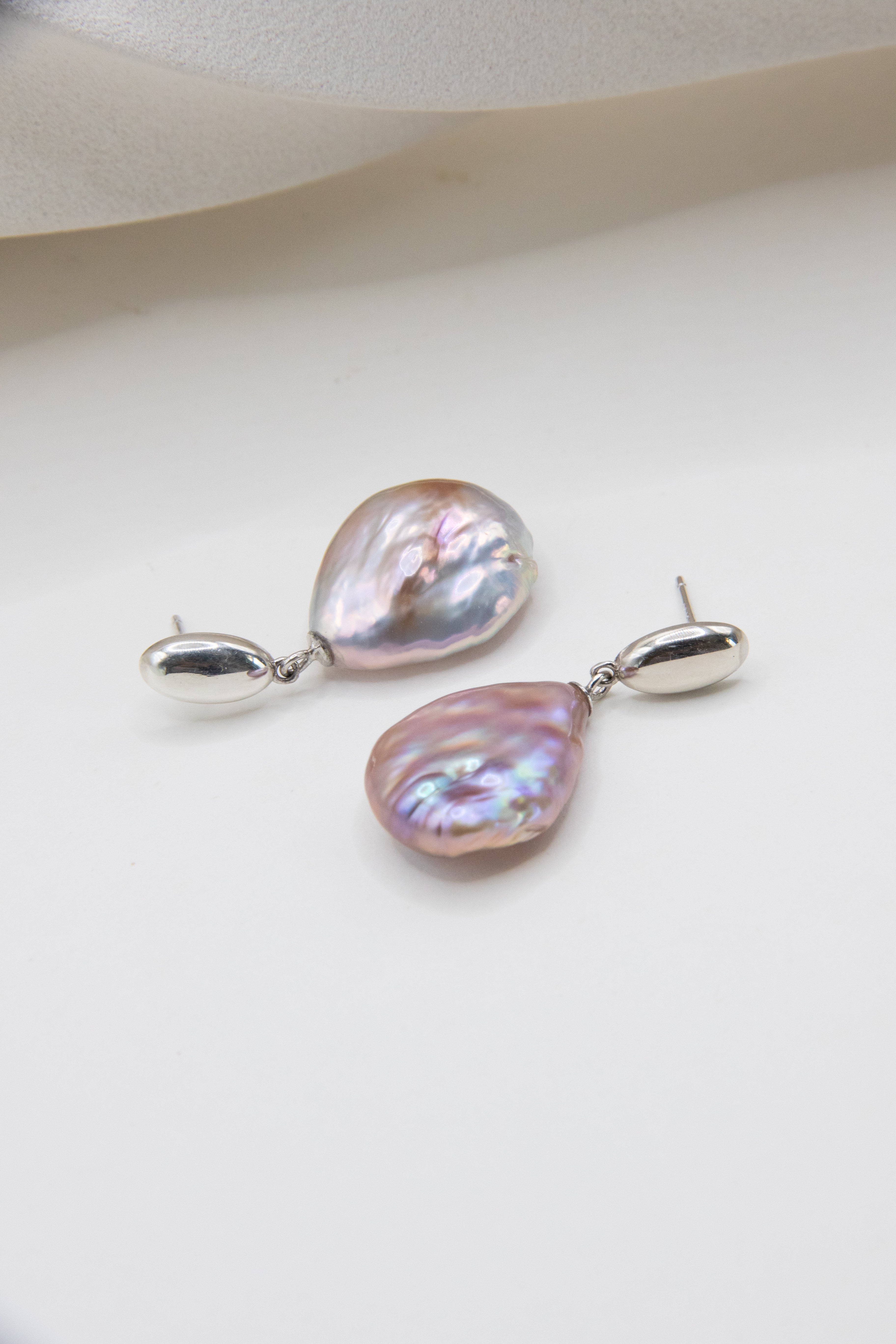 Lavender Silver Drop Pearl Earrings