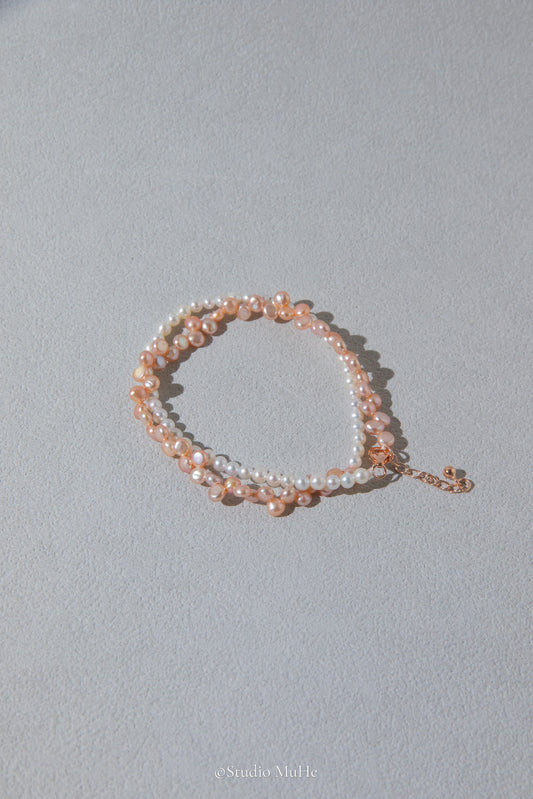 Summer jasmine-double layered bracelet mixed white and peach colored freshwater pearls