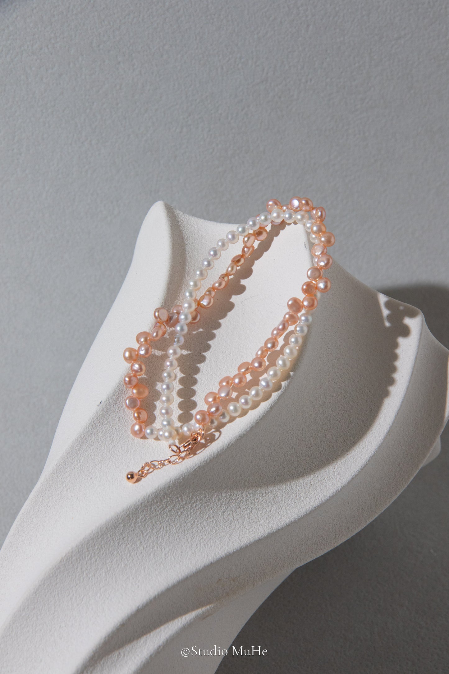 Summer jasmine-double layered bracelet mixed white and peach colored freshwater pearls