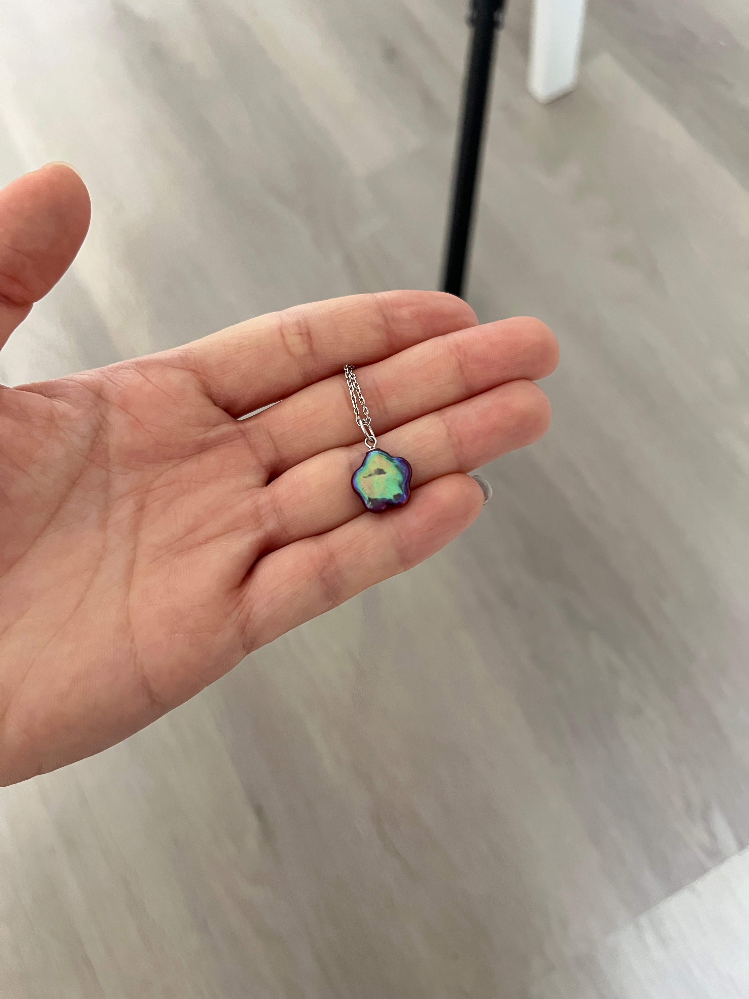 Excellent level aurora green flower pearl necklace-sterling silver chain set for E.