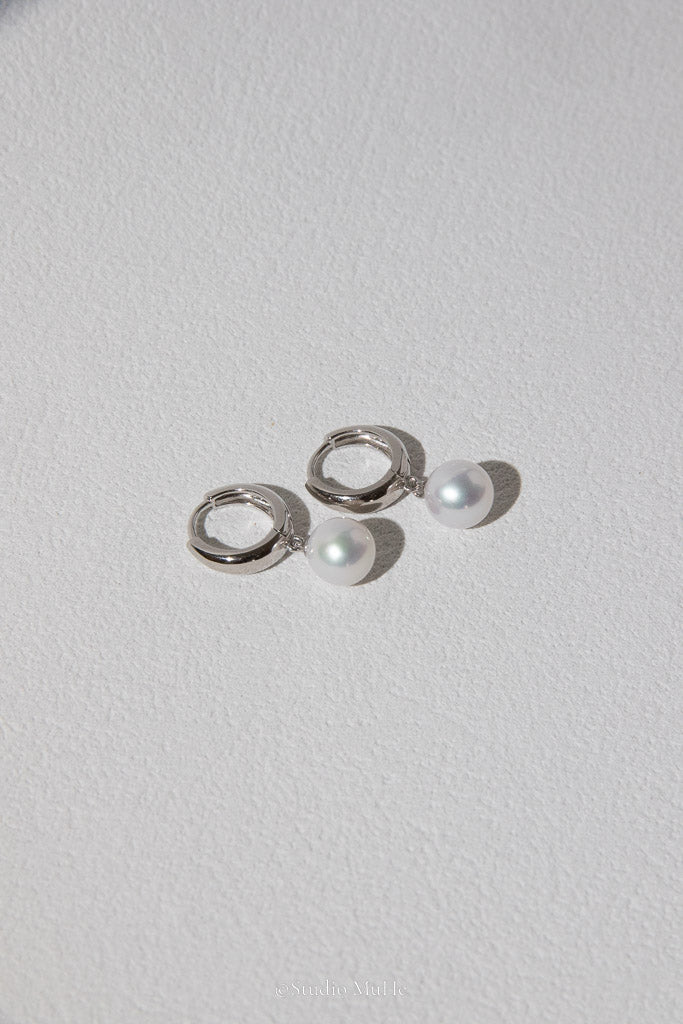 The Classic — White Round Freshwater Pearl Hoop Earrings