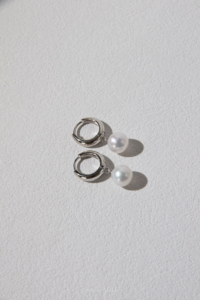 The Classic — White Round Freshwater Pearl Hoop Earrings