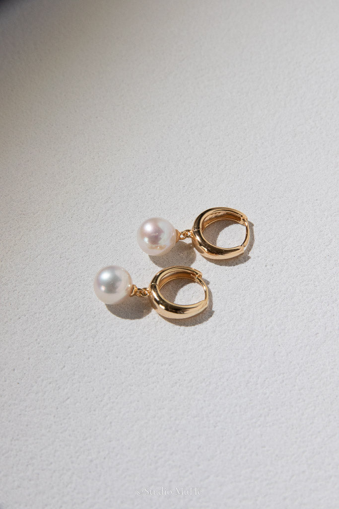 The Classic — White Round Freshwater Pearl Hoop Earrings