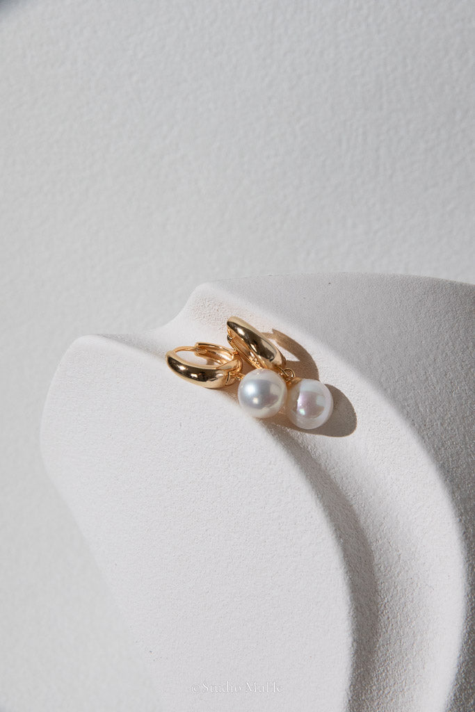The Classic — White Round Freshwater Pearl Hoop Earrings