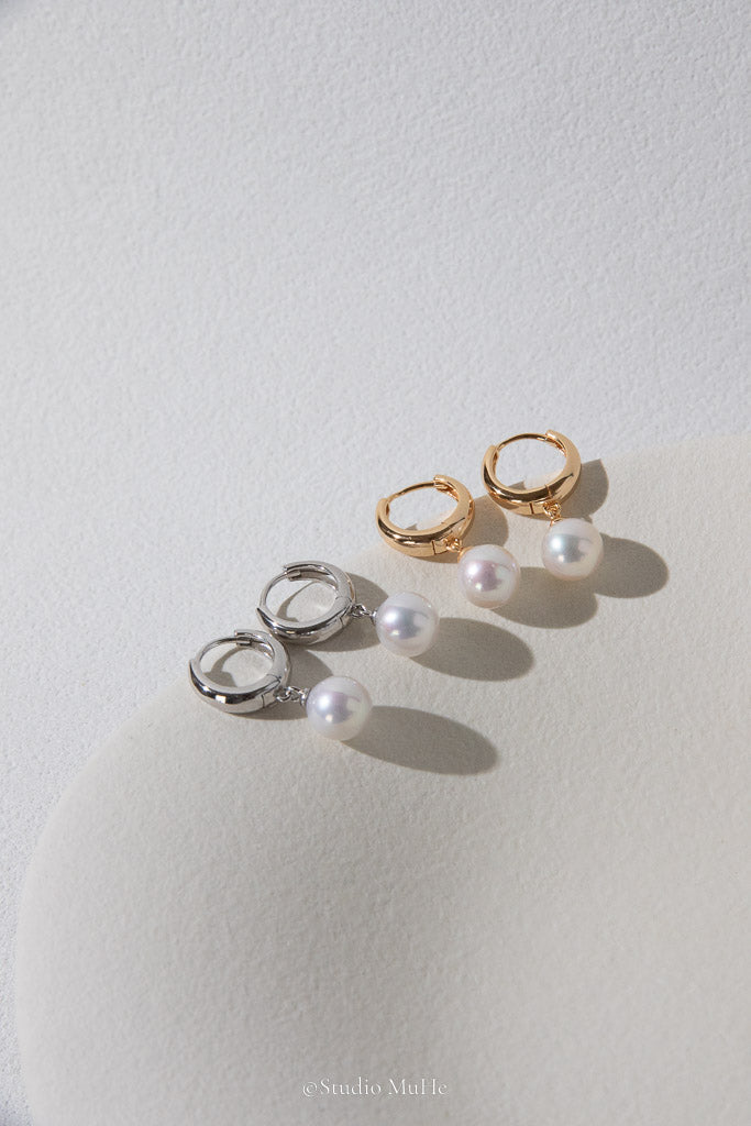 The Classic — White Round Freshwater Pearl Hoop Earrings