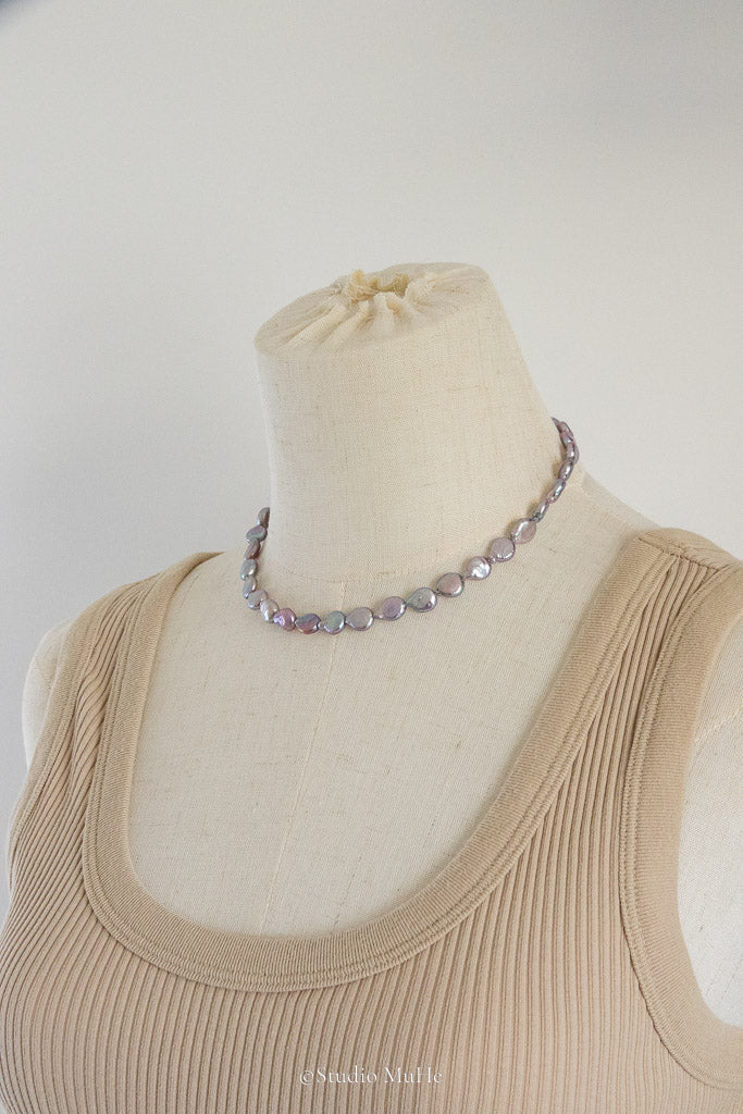 Silver Moon — Silver-Blue Button Freshwater Pearl Necklace