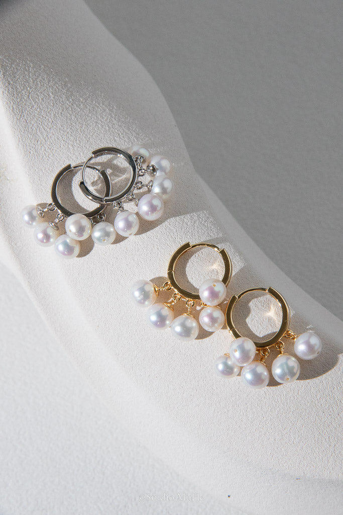 In Full Bloom — White Freshwater Pearl Cluster Hoop Earrings