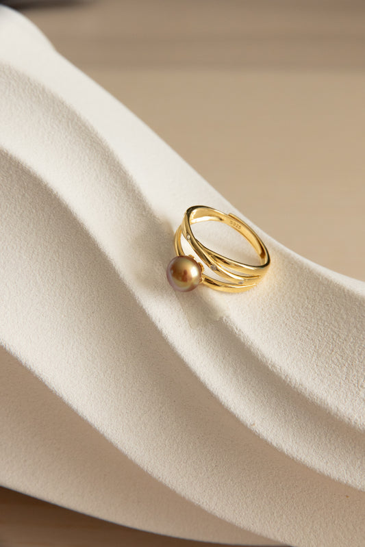 TOP Excellent Intense Tea Gold rice pearl ring.