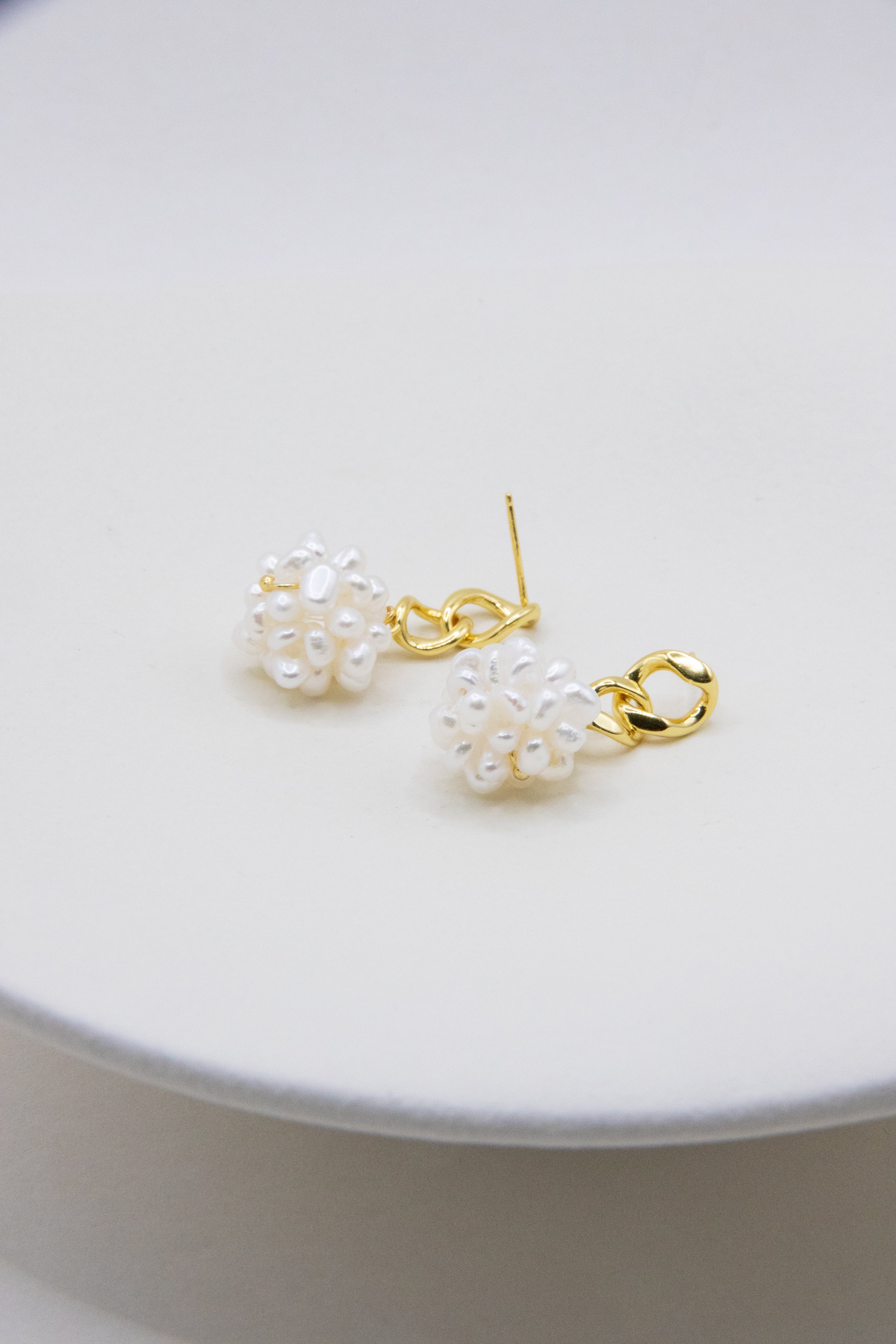 Eternal Summer Earrings – Handwoven Hydrangea Pearl Balls – Lightweight Gold-Plated Silver Hooks