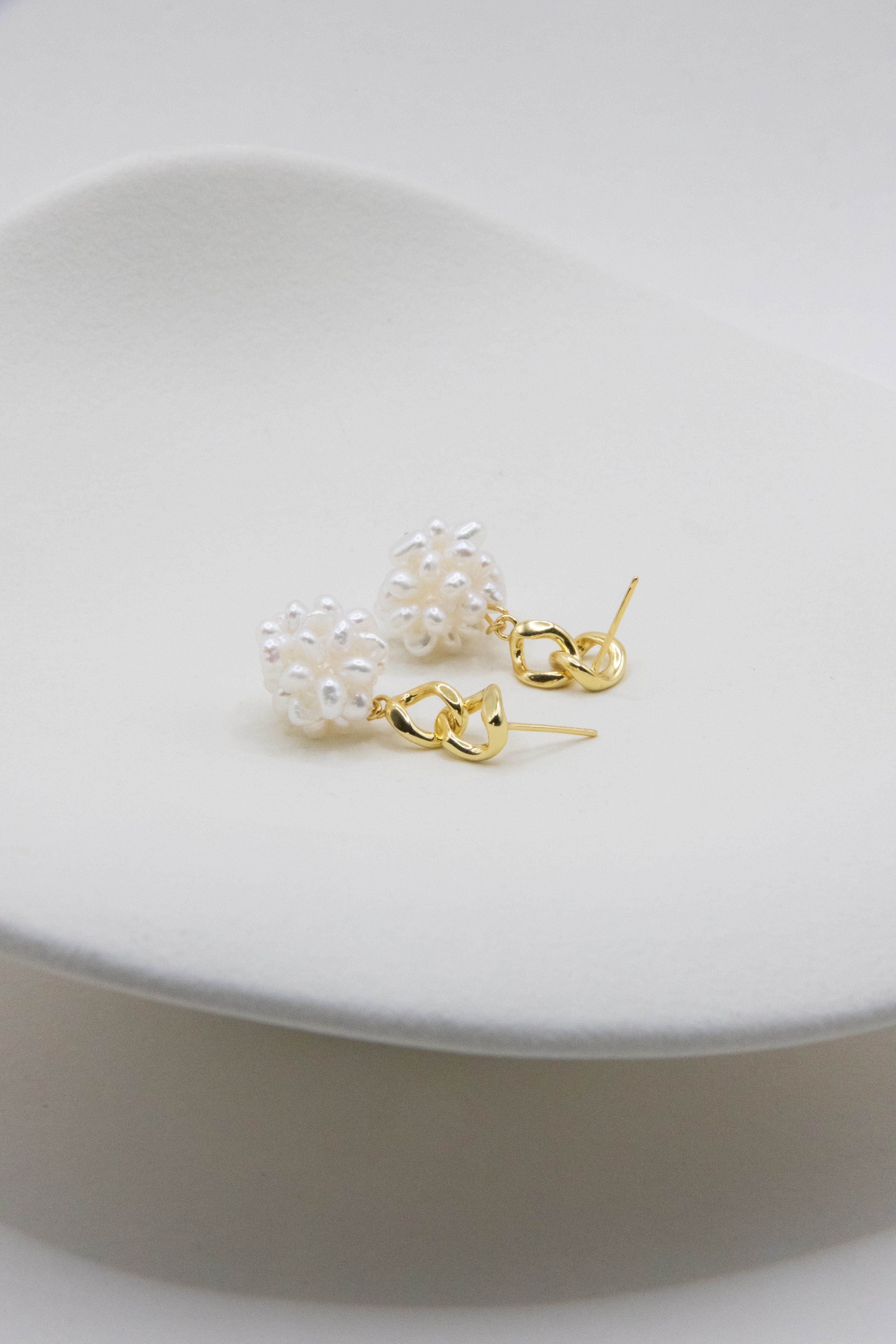 Eternal Summer Earrings – Handwoven Hydrangea Pearl Balls – Lightweight Gold-Plated Silver Hooks