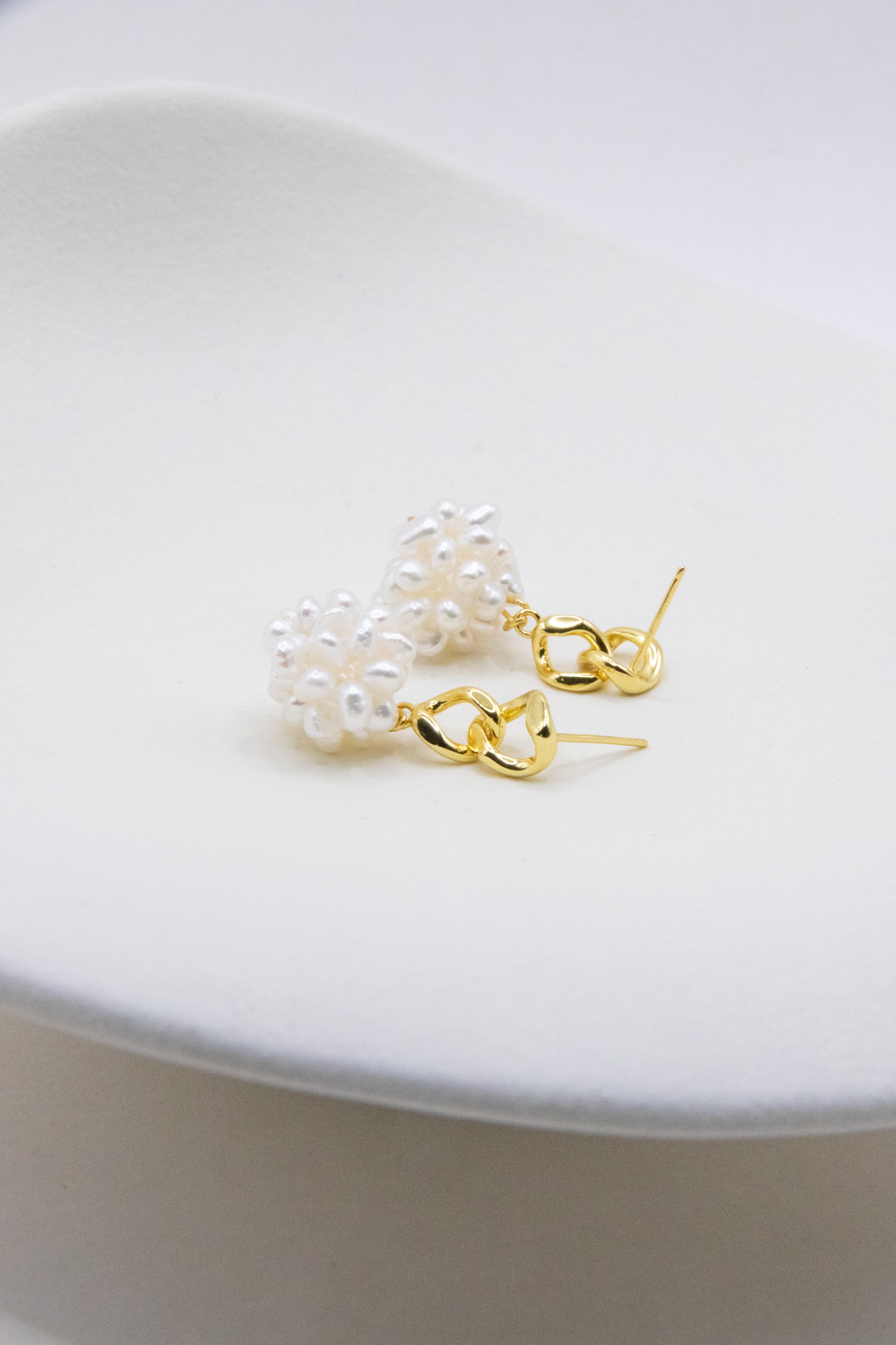 Eternal Summer Earrings – Handwoven Hydrangea Pearl Balls – Lightweight Gold-Plated Silver Hooks