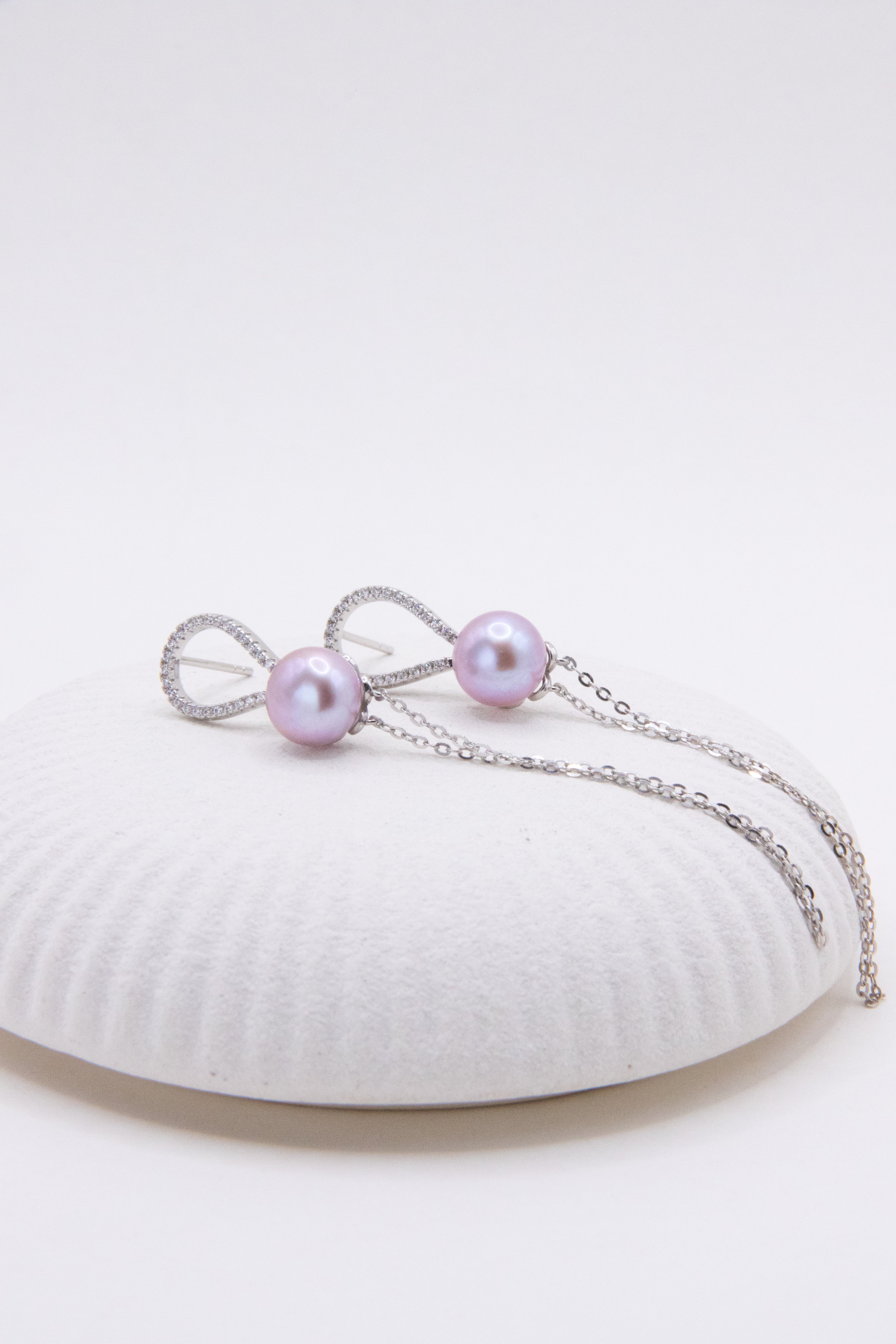 Lavender Purple Pearl Long Earrings – Lightweight Silver Chain & Natural Round Pearl