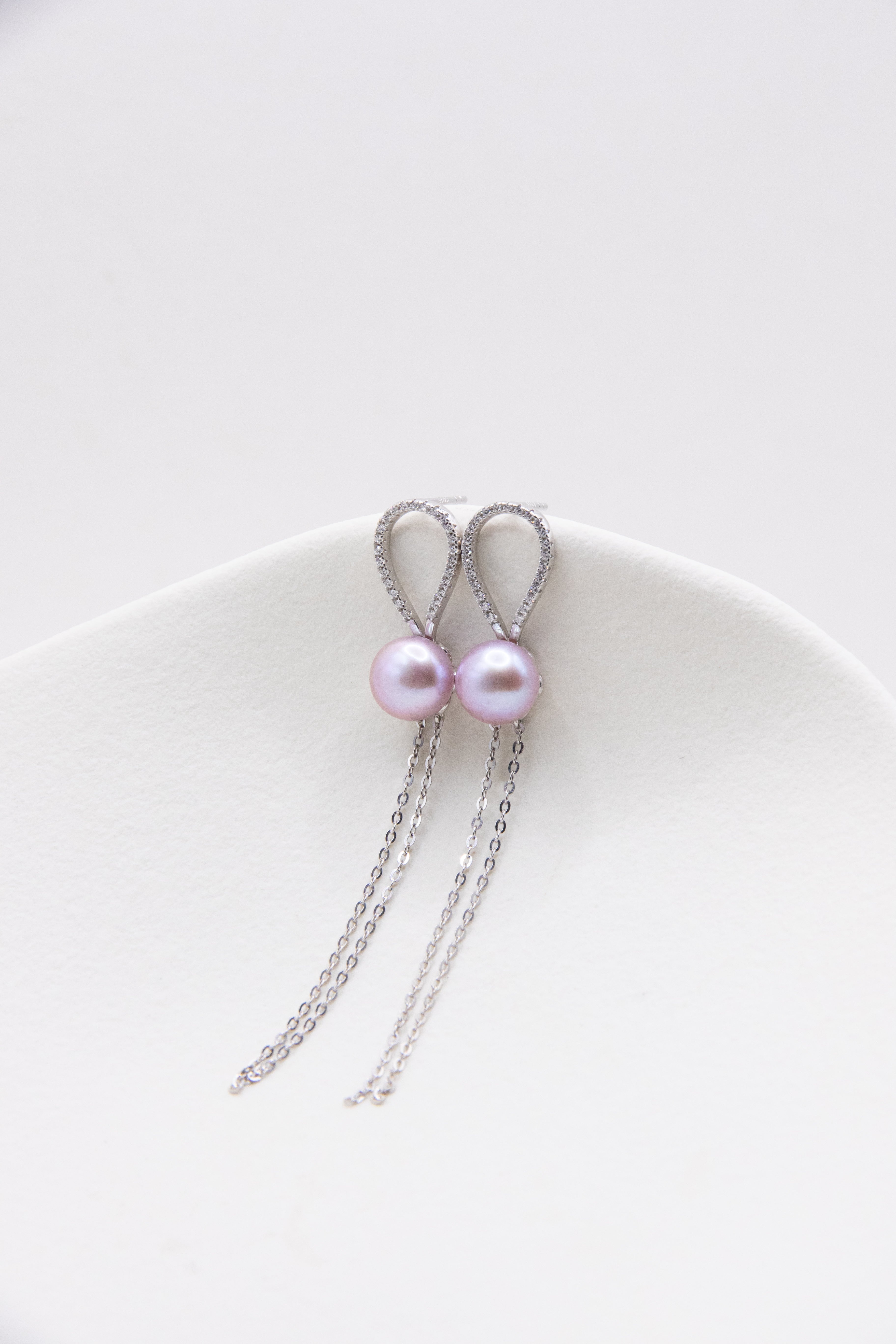 Lavender Purple Pearl Long Earrings – Lightweight Silver Chain & Natural Round Pearl
