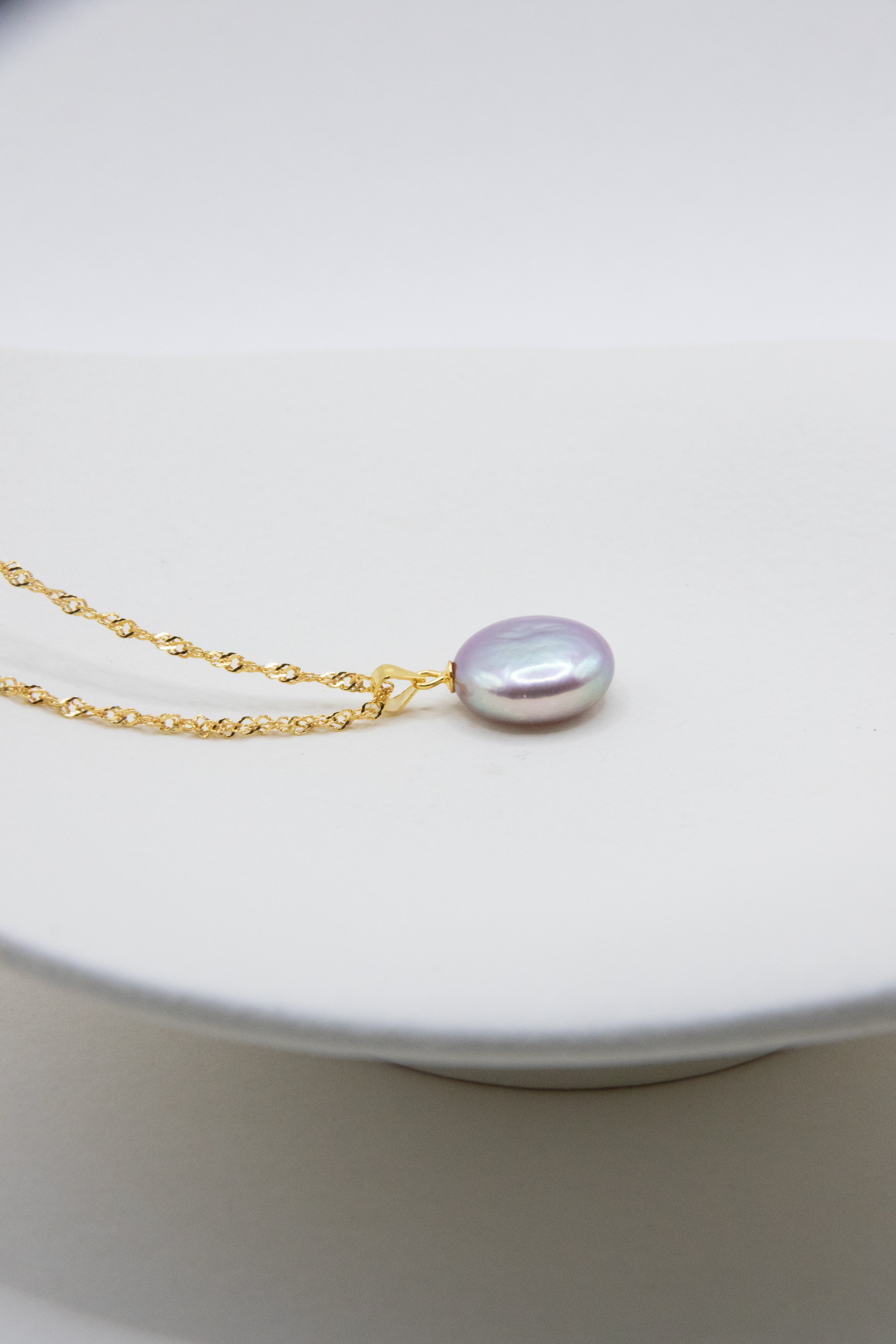 Lavender Mint Button Pearl Necklace – Soft Purple Freshwater Pearl on Gold-Plated Silver Chain