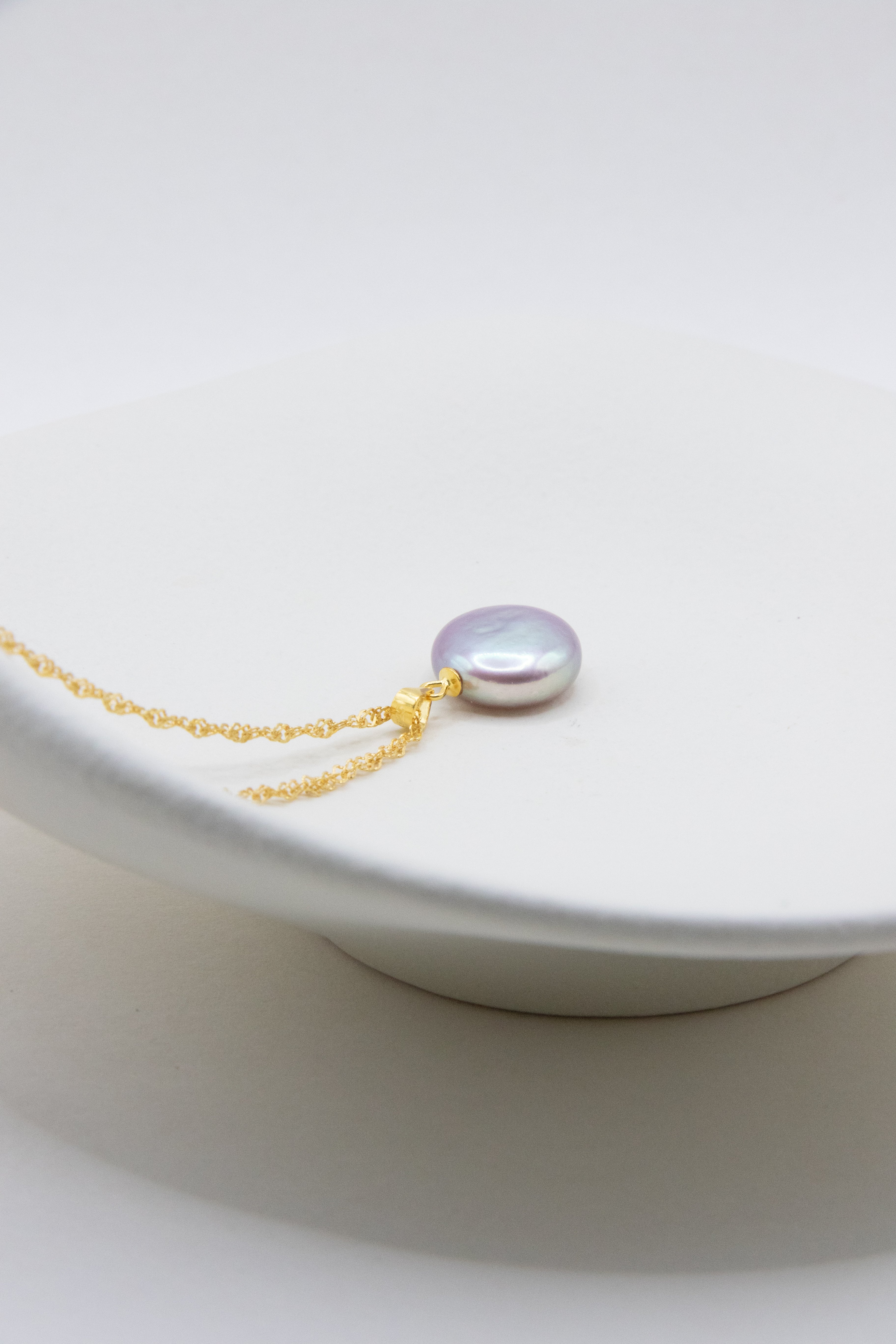 Lavender Mint Button Pearl Necklace – Soft Purple Freshwater Pearl on Gold-Plated Silver Chain