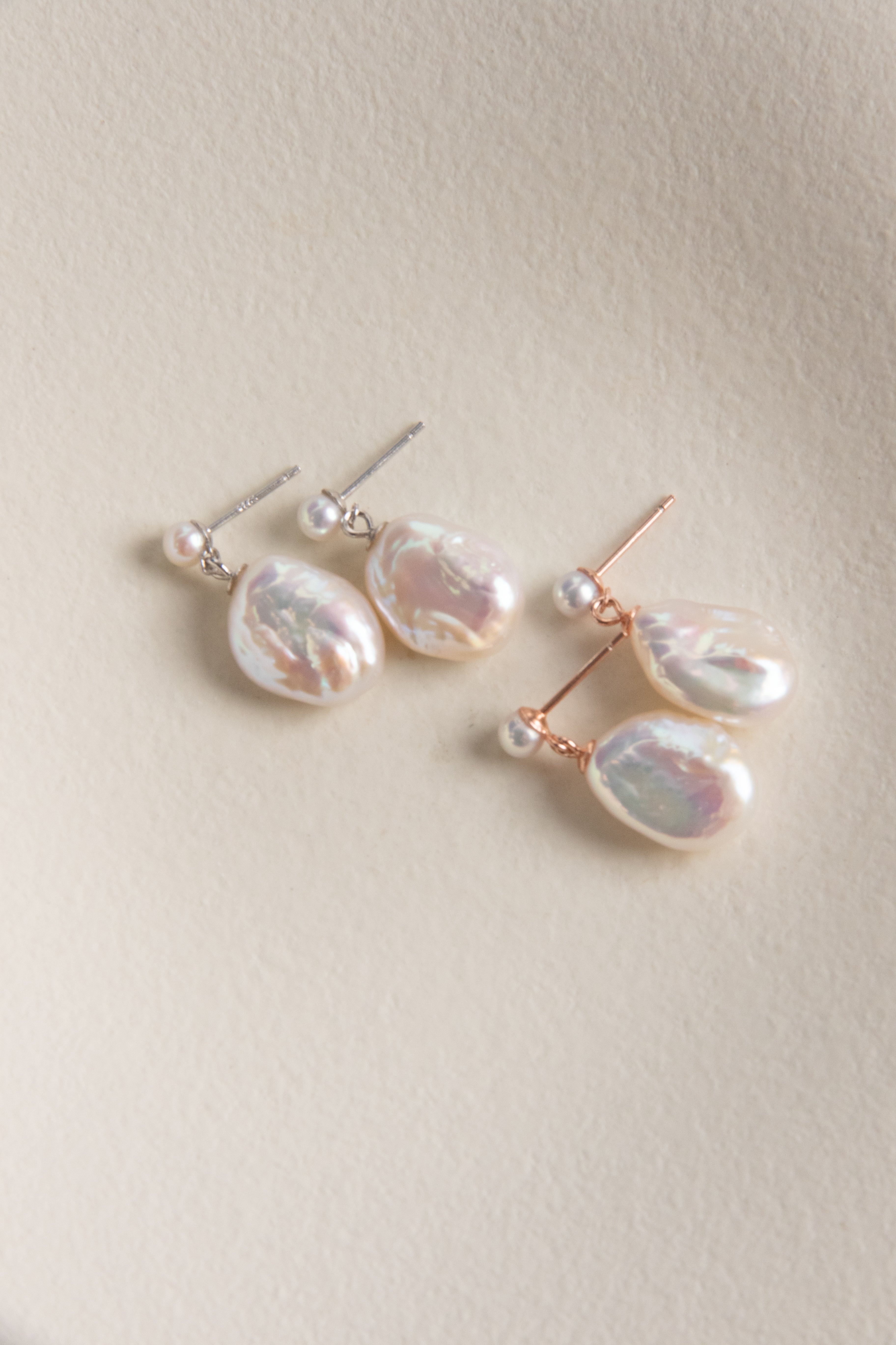 Double Pearl Drop Earrings – Rose Gold & Silver Accent