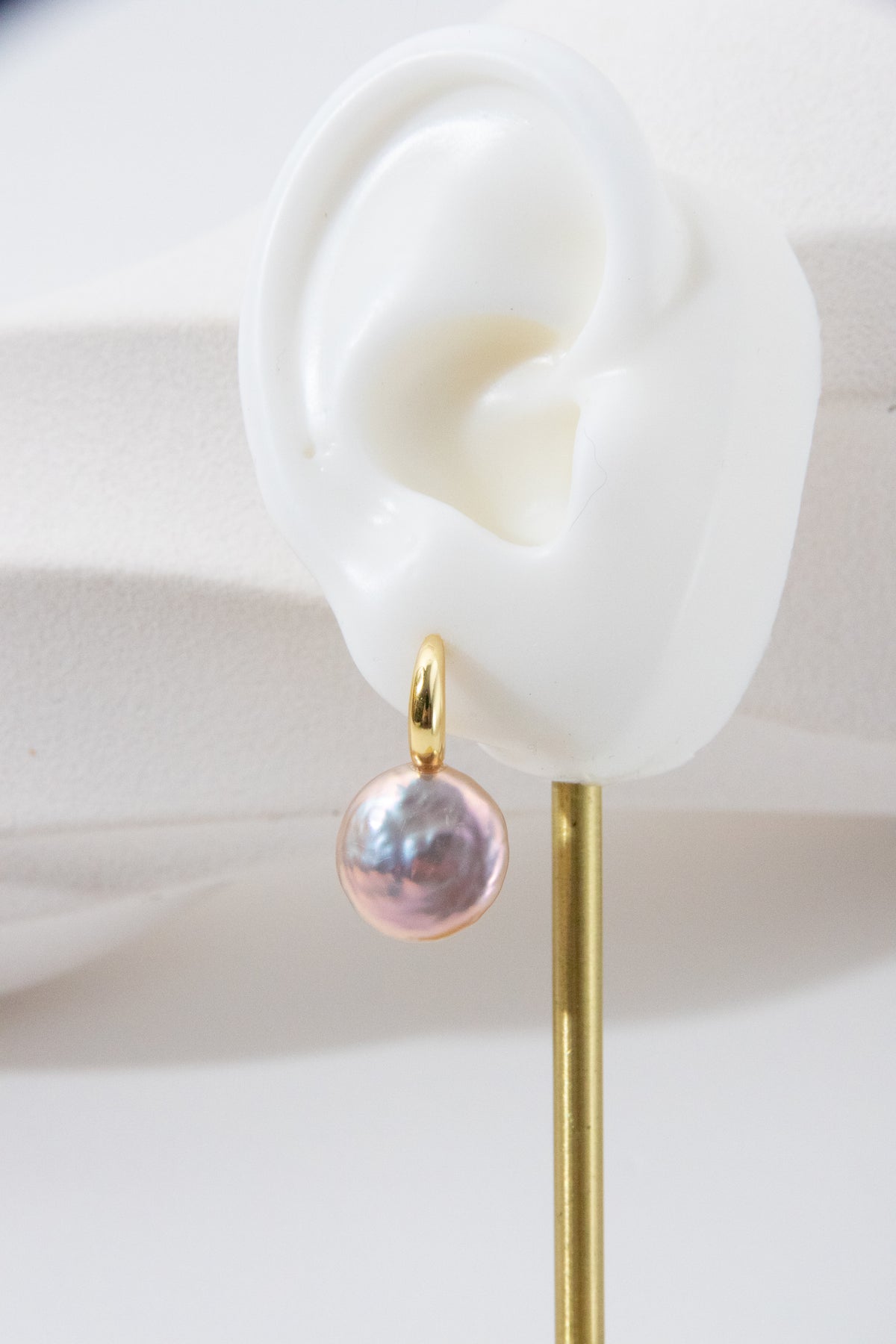 Excellent level metallic color natural freshwater button pearl ear studs-"Rose Shine"