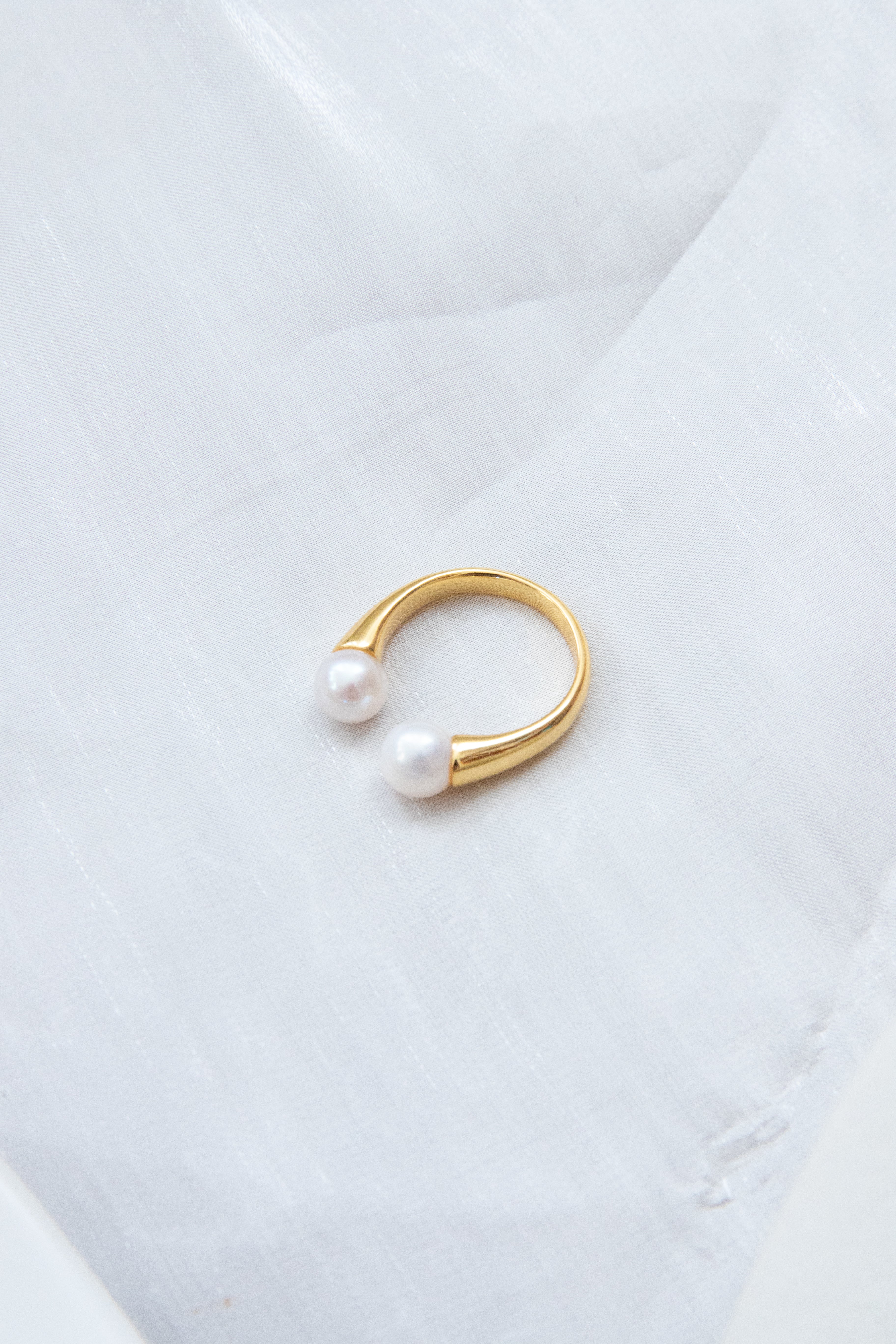 Classic Double white round pearl ring- thick gold plated silver ring.