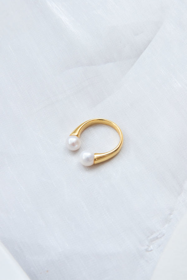 Classic Double white round pearl ring- thick gold plated silver ring.