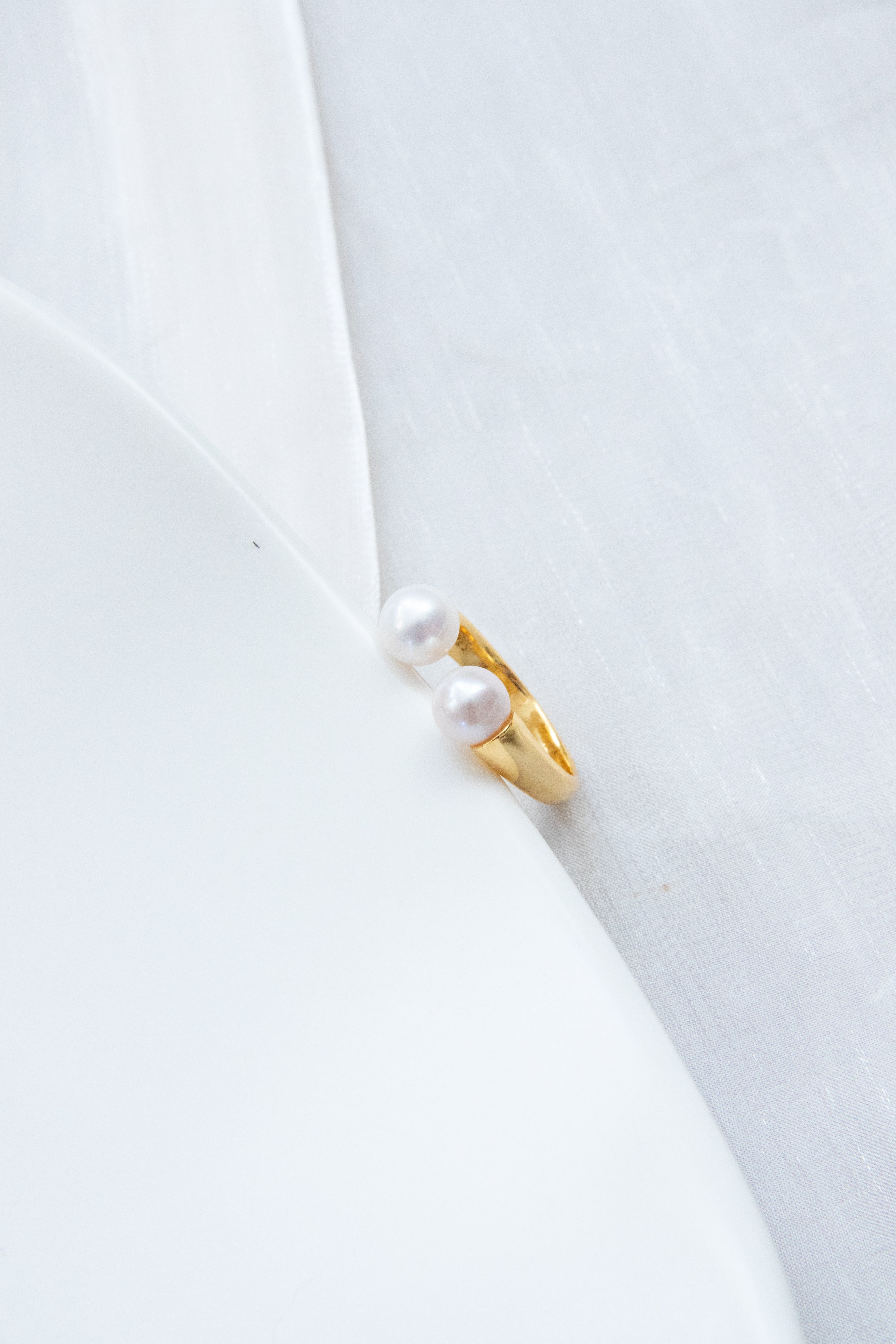 Classic Double white round pearl ring- thick gold plated silver ring.