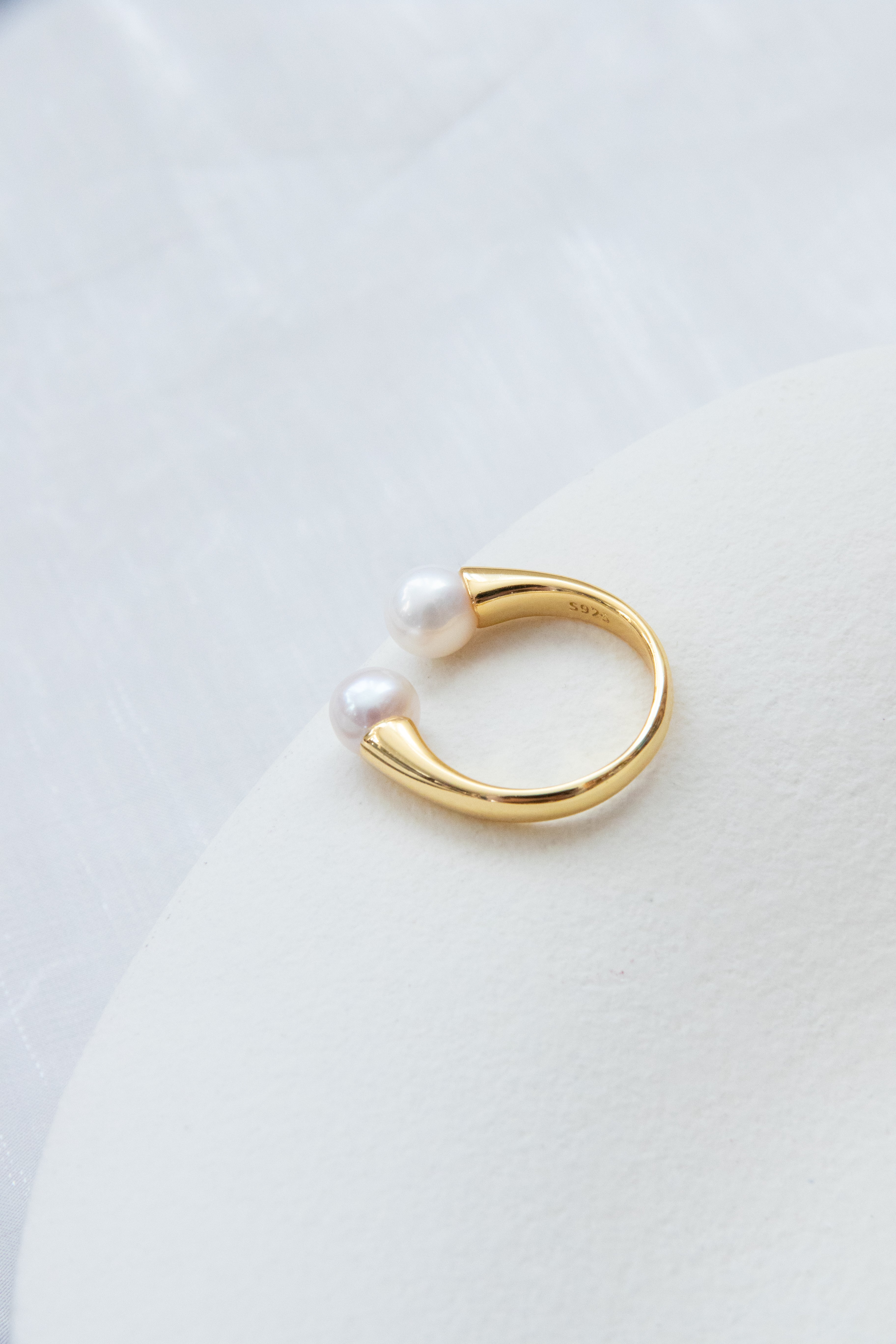 Classic Double white round pearl ring- thick gold plated silver ring.