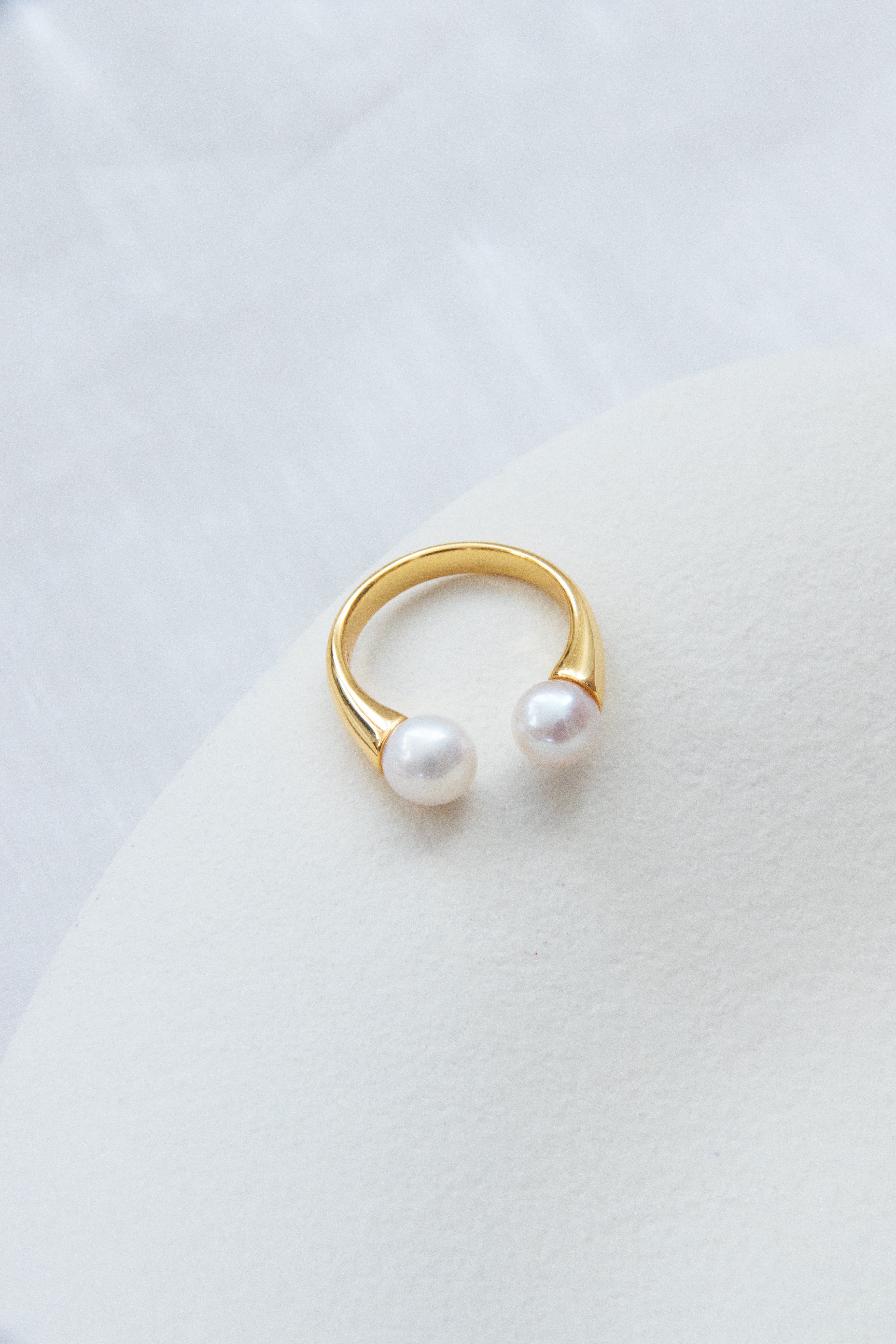 Classic Double white round pearl ring- thick gold plated silver ring.