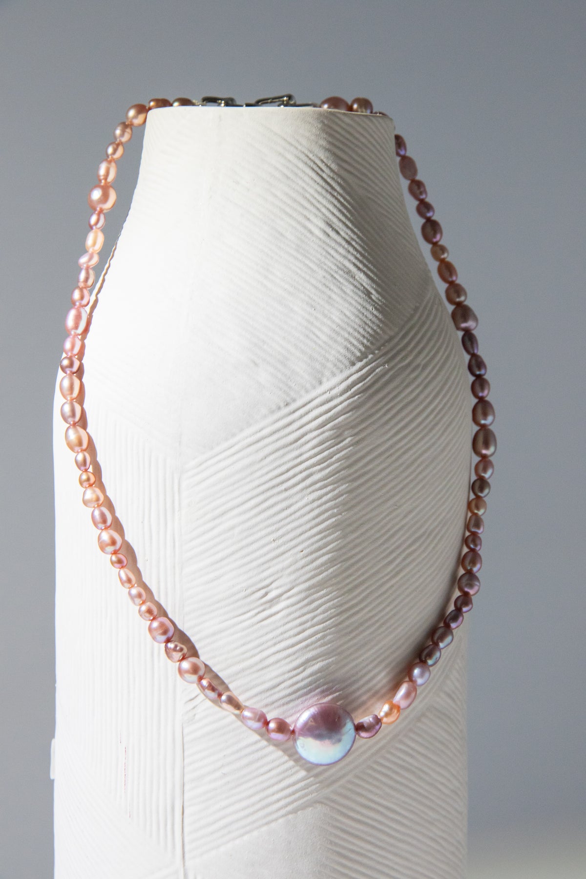 Golden Tea and Mint-Irregular mini pearls with button pearl necklace.