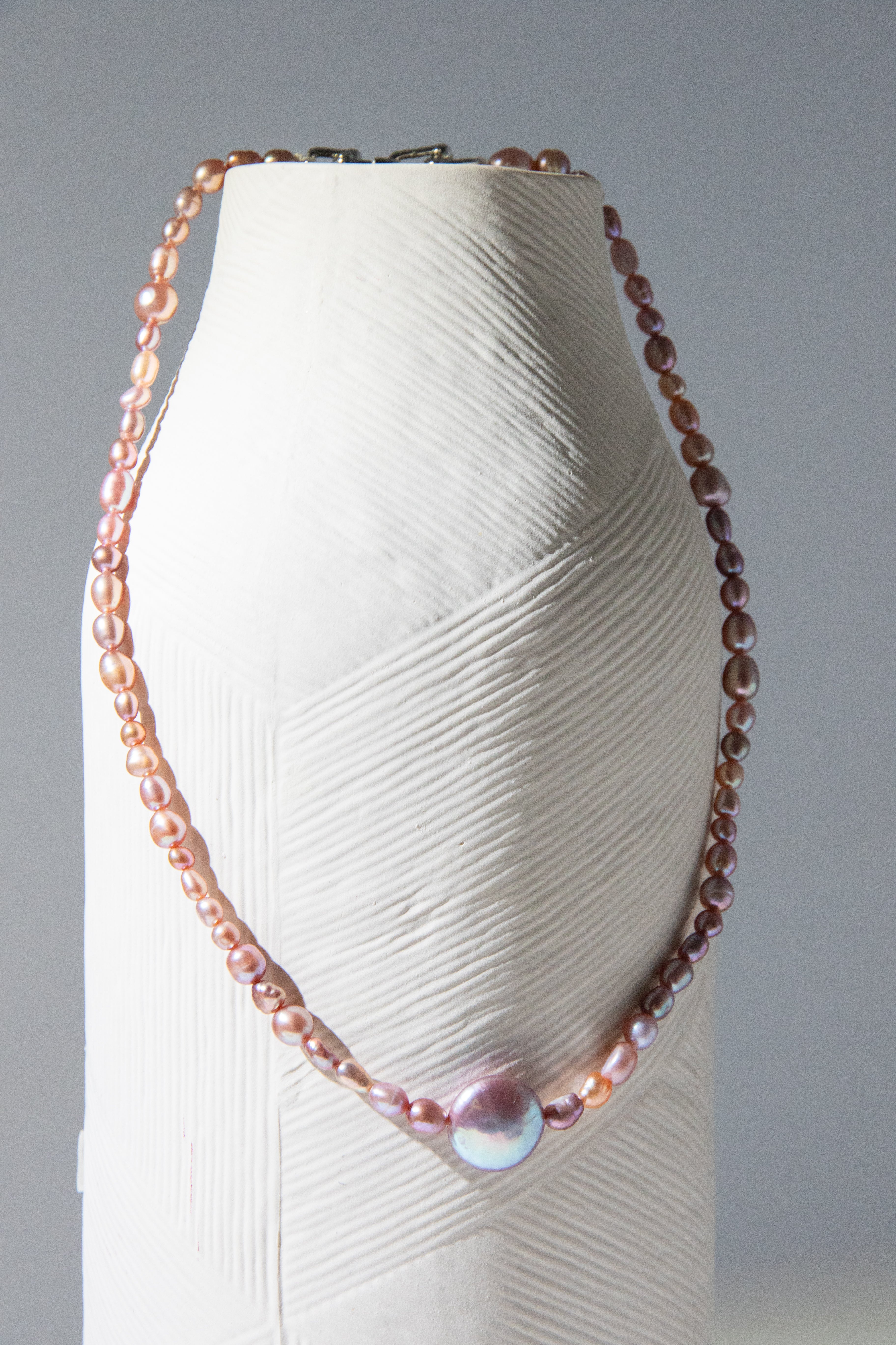 Golden Tea and Mint-Irregular mini pearls with button pearl necklace.