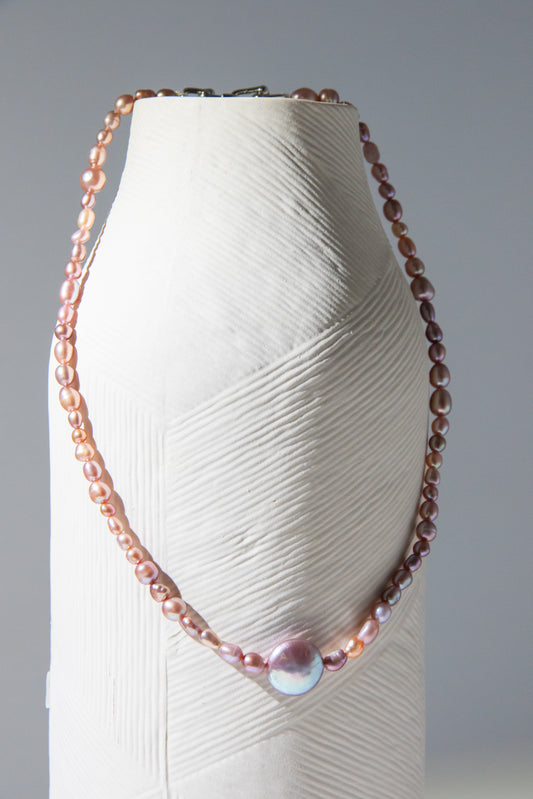 Golden Tea and Mint-Irregular mini pearls with button pearl necklace.