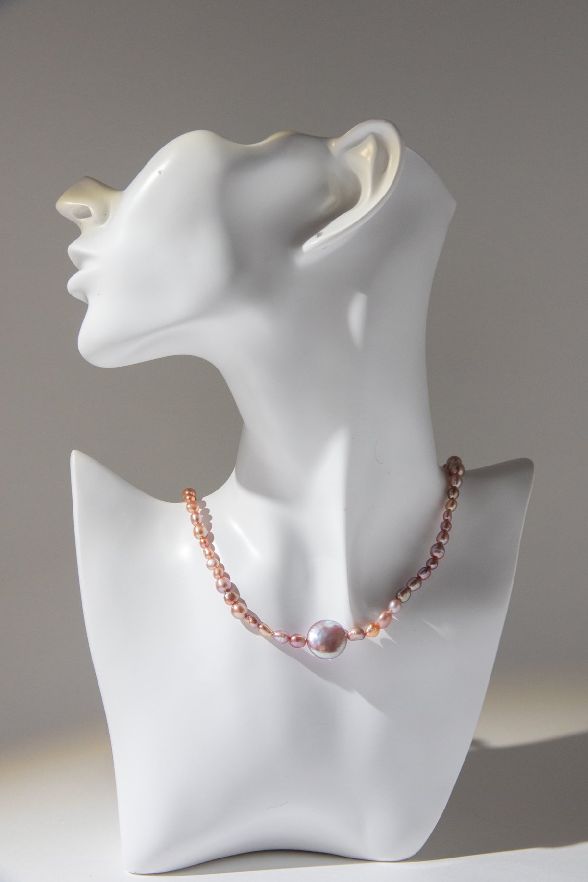 Golden Tea and Mint-Irregular mini pearls with button pearl necklace.