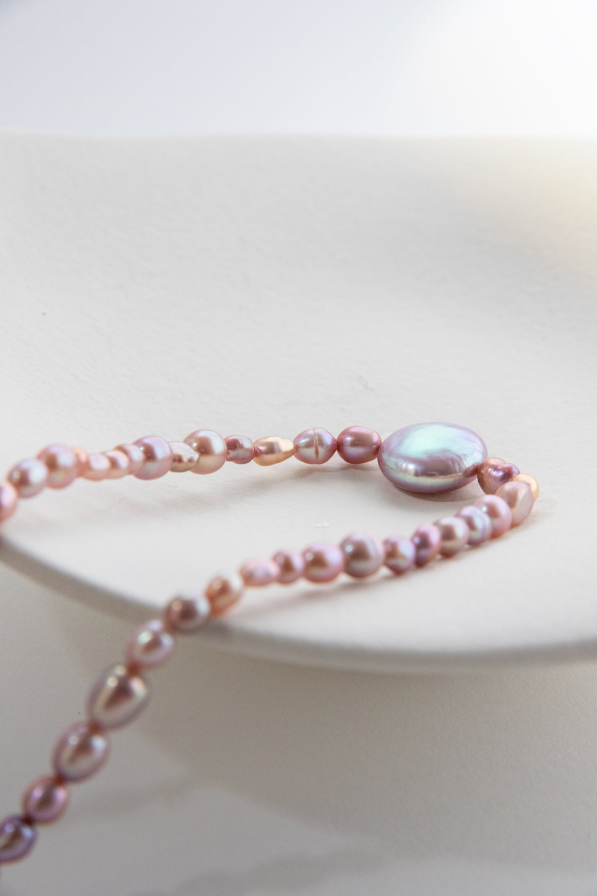 Golden Tea and Mint-Irregular mini pearls with button pearl necklace.