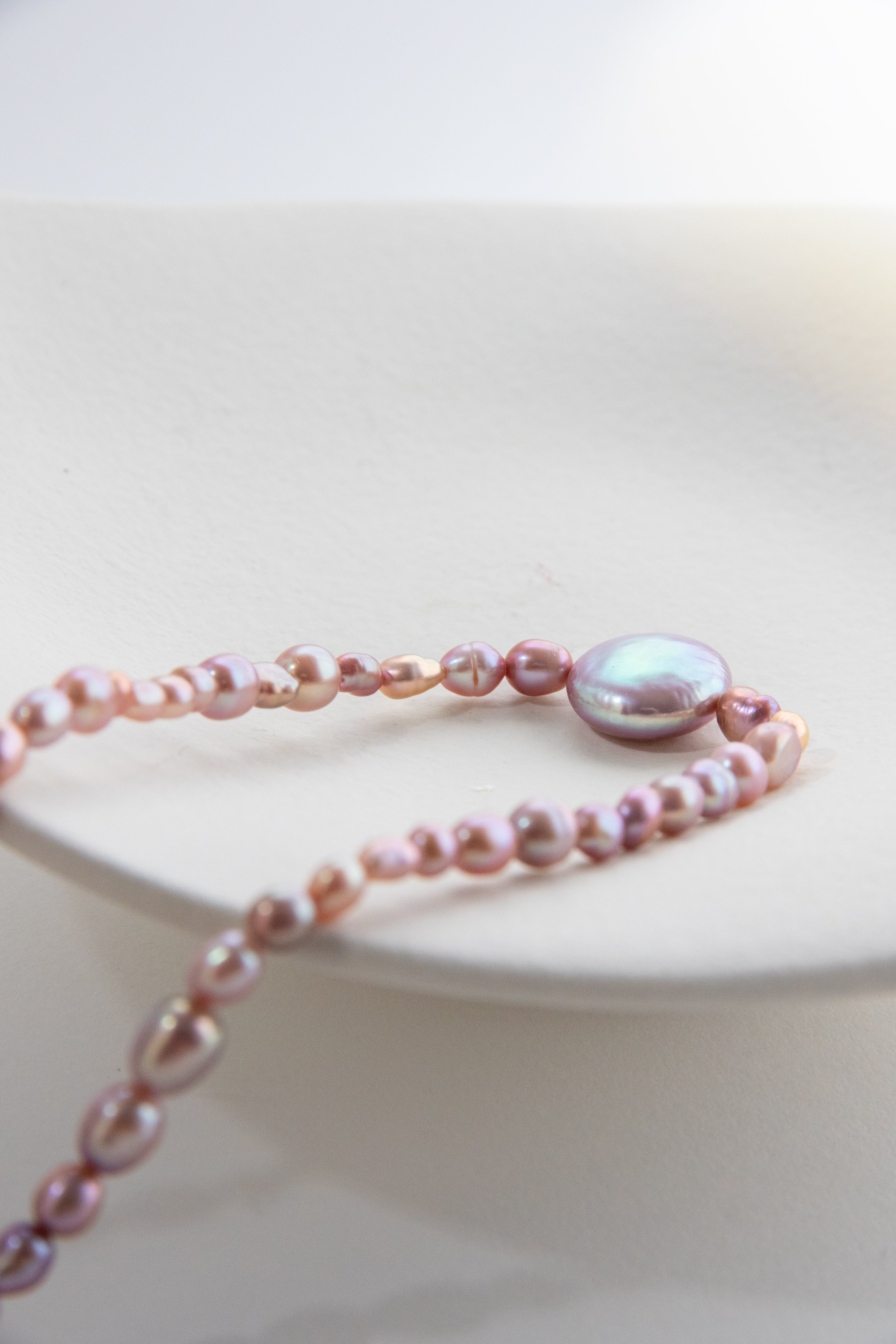 Golden Tea and Mint-Irregular mini pearls with button pearl necklace.