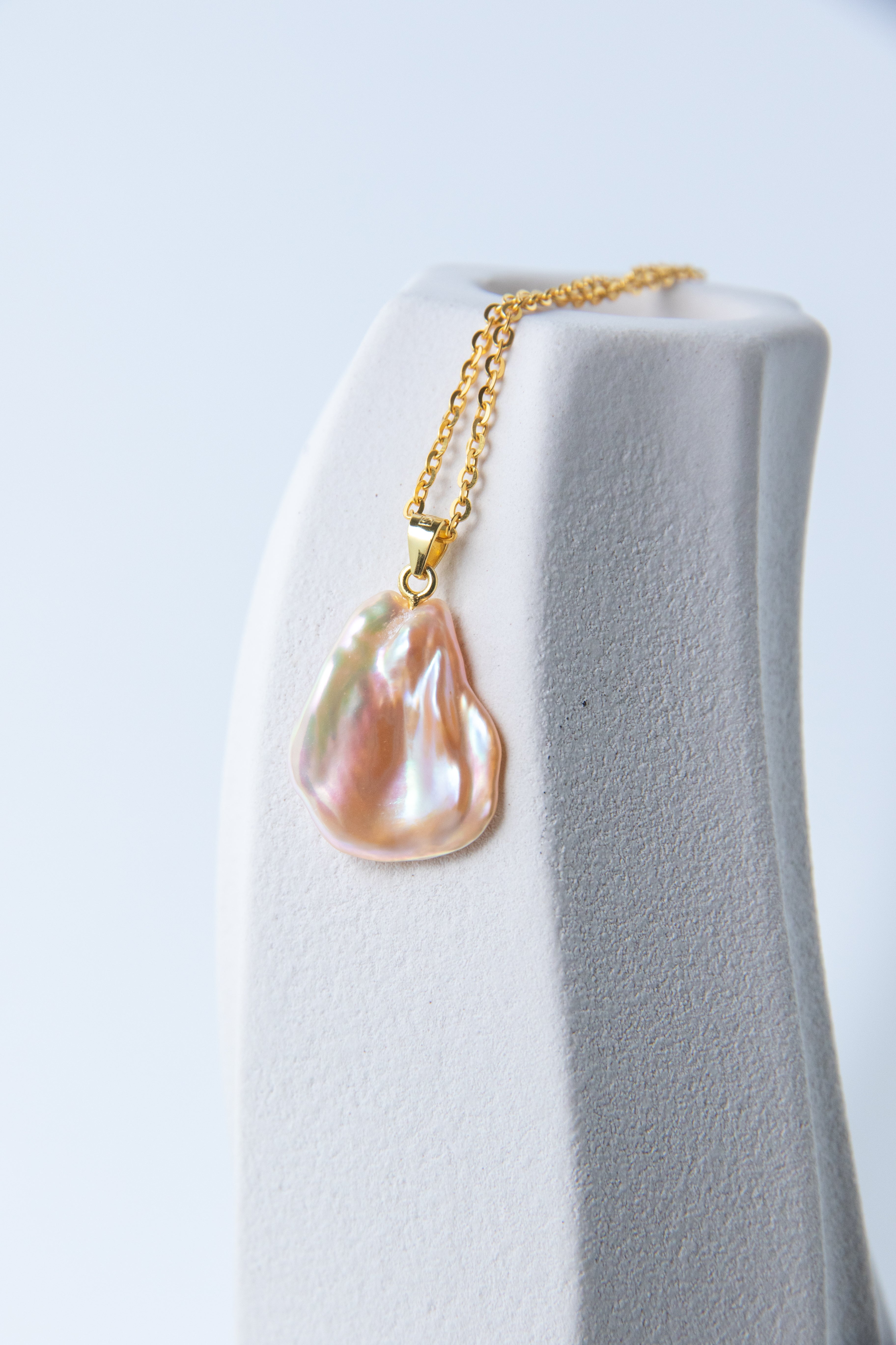 Shiny warm golden pink flower petal pearl necklace-gold plated silver chain.