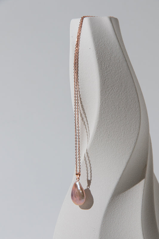 natural rose gold colored flat big drop pearl necklace