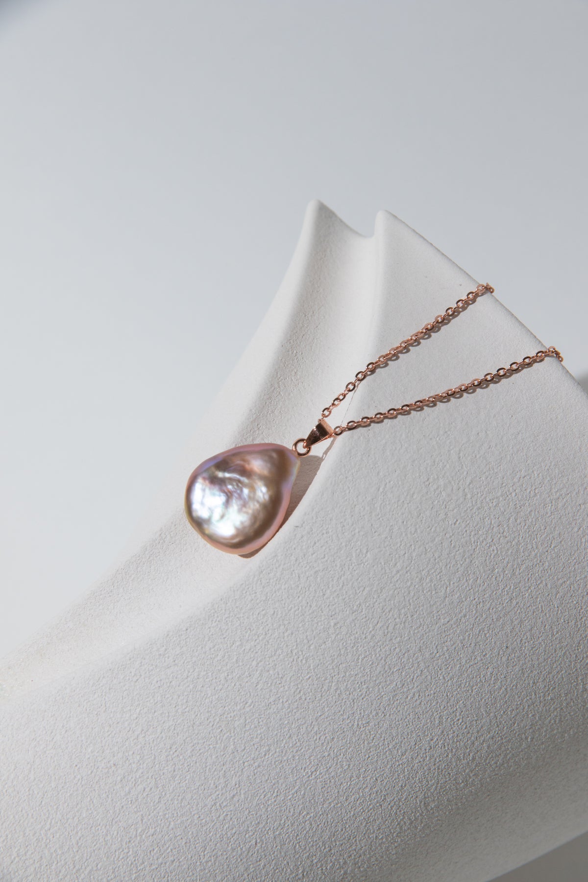 natural rose gold colored flat big drop pearl necklace