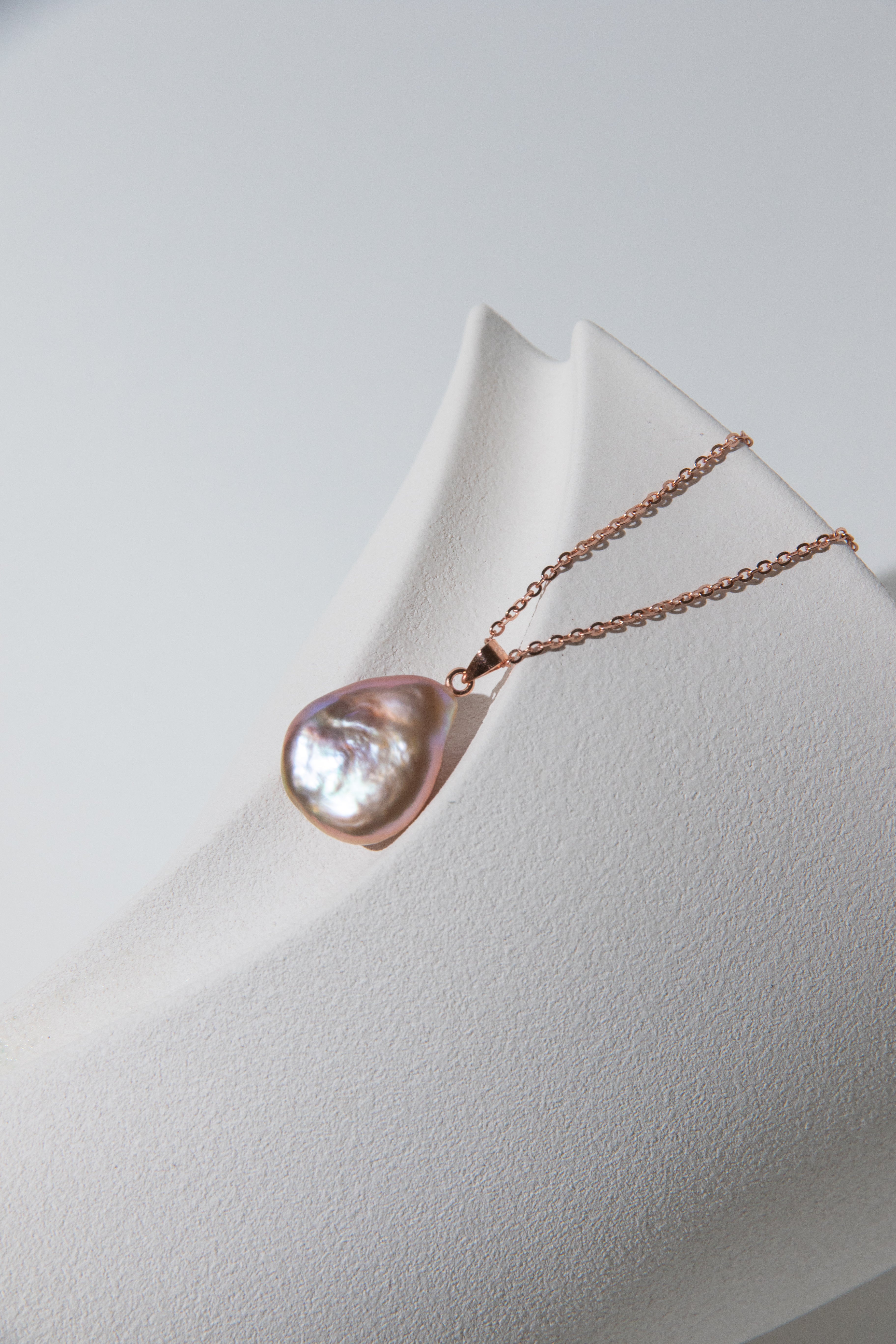 natural rose gold colored flat big drop pearl necklace