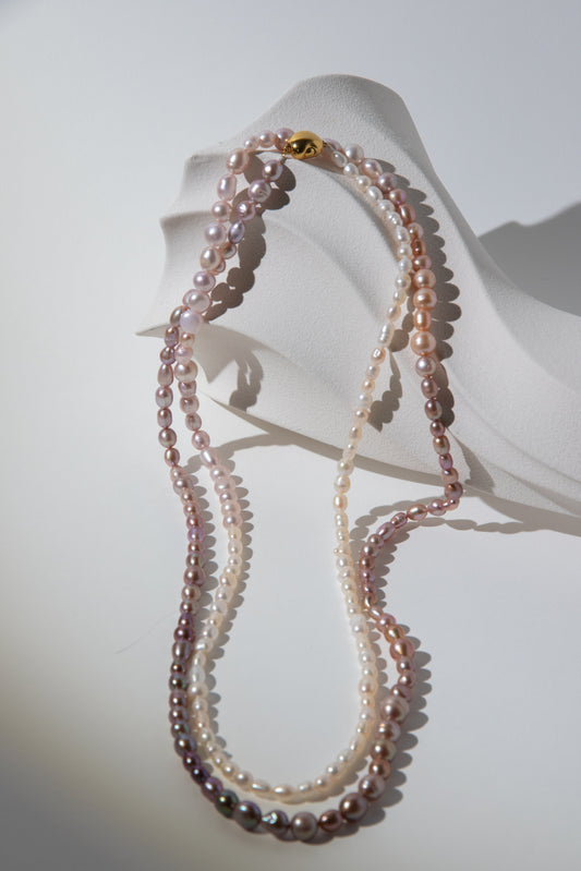 120cm long white-pink-purple natural rice pear gradient color necklace