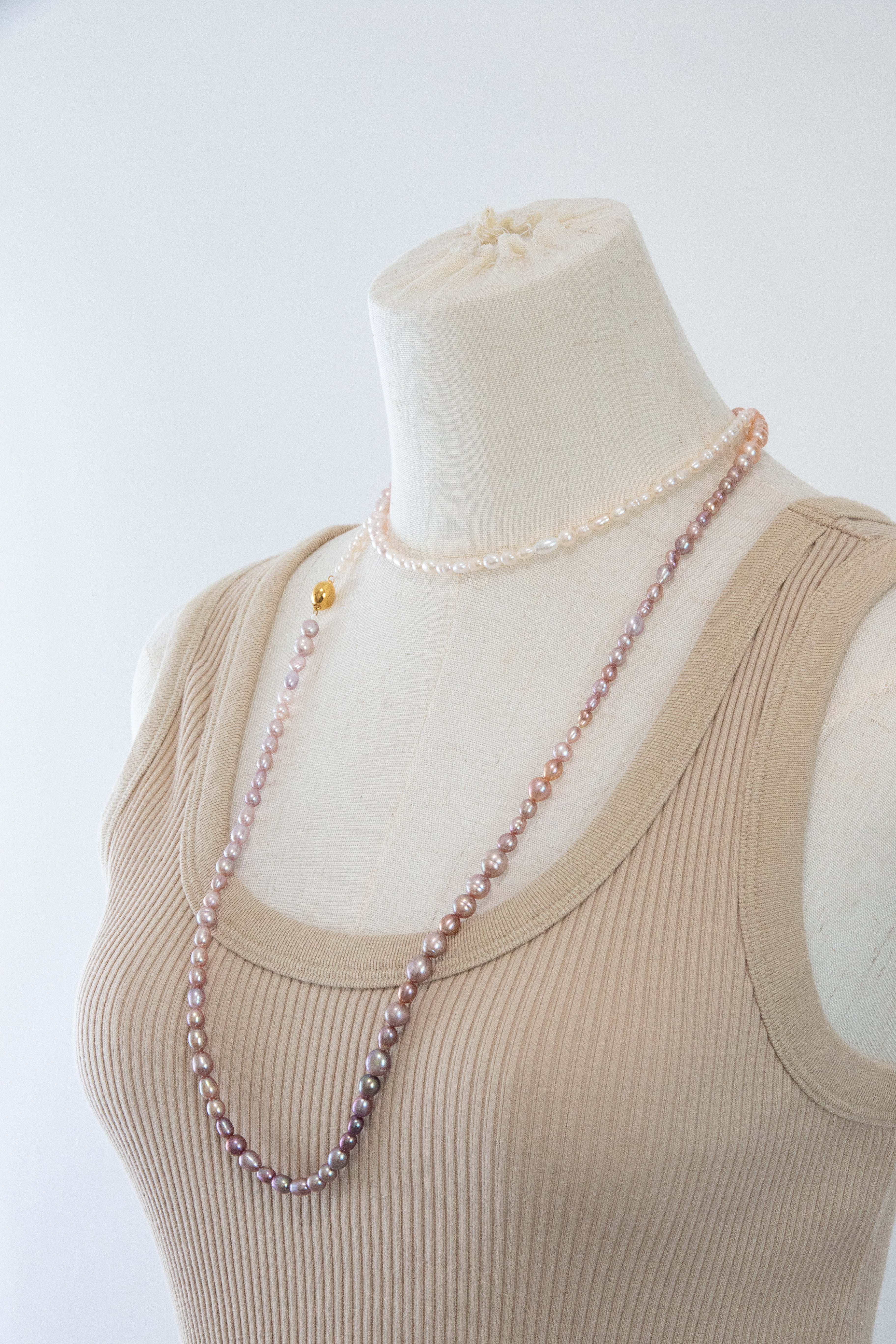 120cm long white-pink-purple natural rice pear gradient color necklace