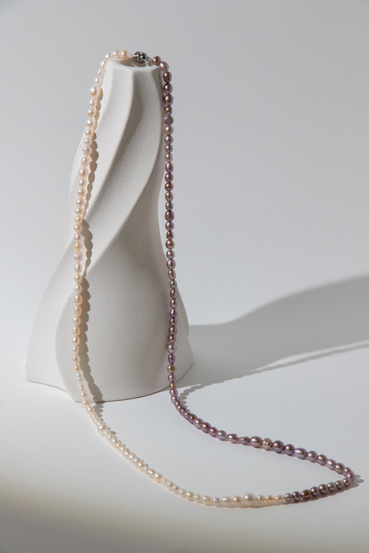 90cm long natural white and purple rice pearl long necklace