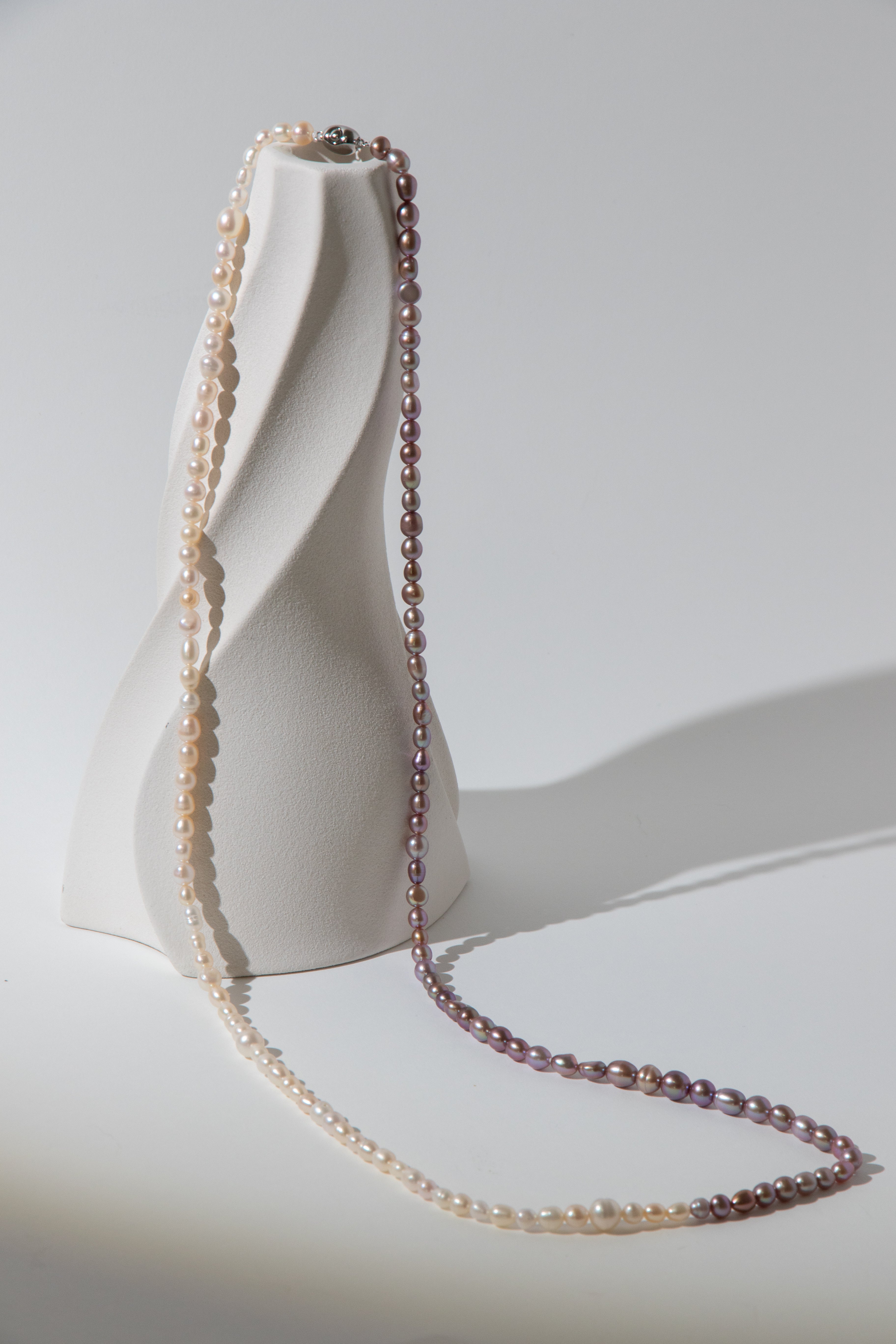 90cm long natural white and purple rice pearl long necklace