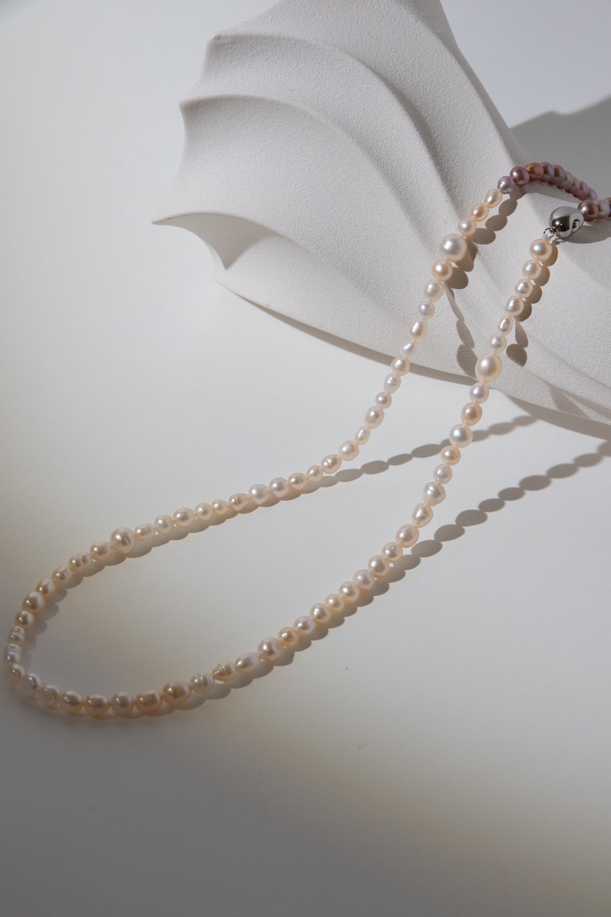 90cm long natural white and purple rice pearl long necklace