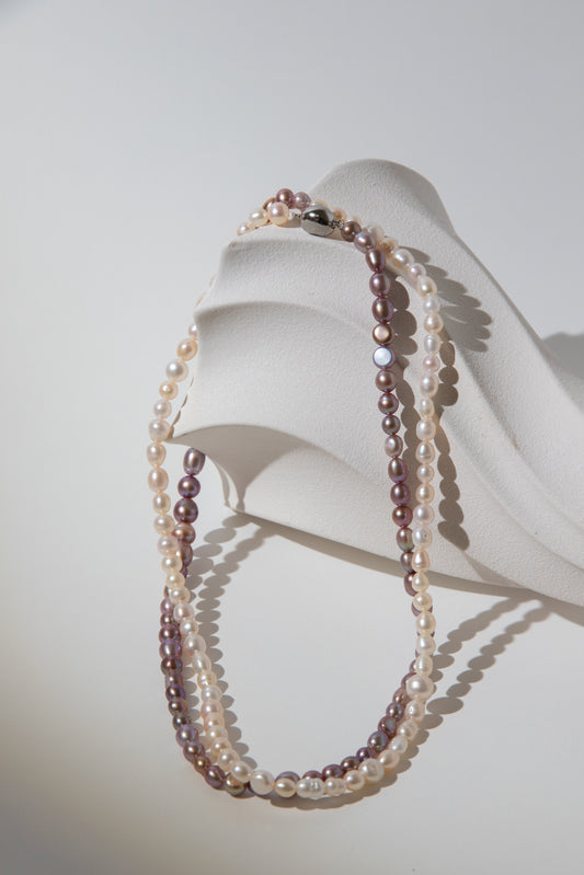 90cm long natural white and purple rice pearl long necklace