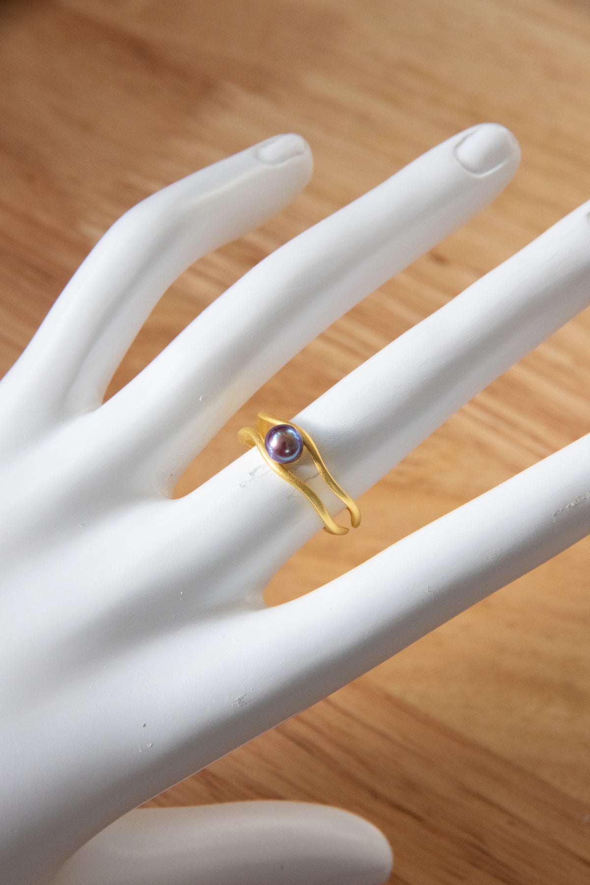 mini small round pearl ring in matte gold plated silver ring