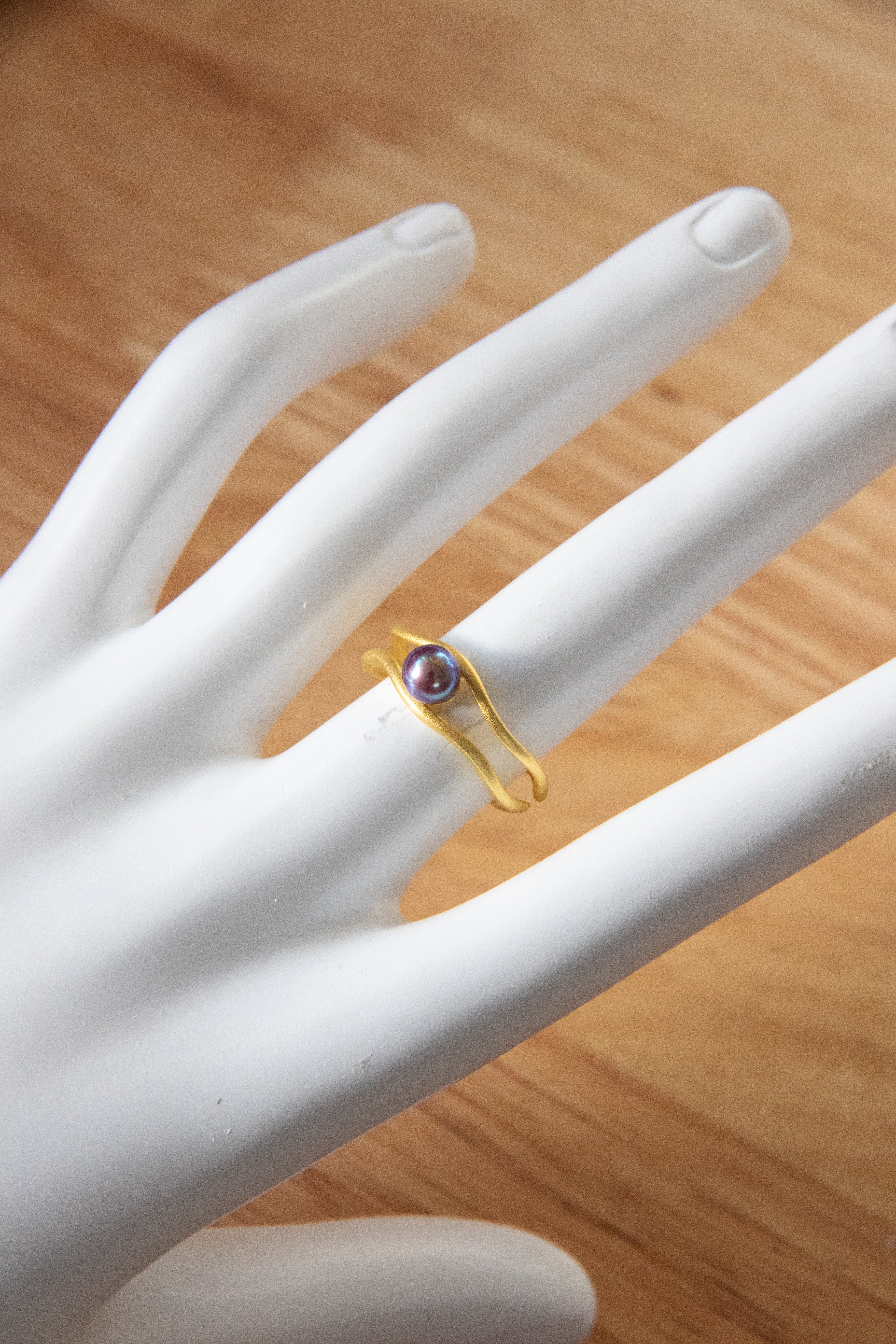 mini small round pearl ring in matte gold plated silver ring