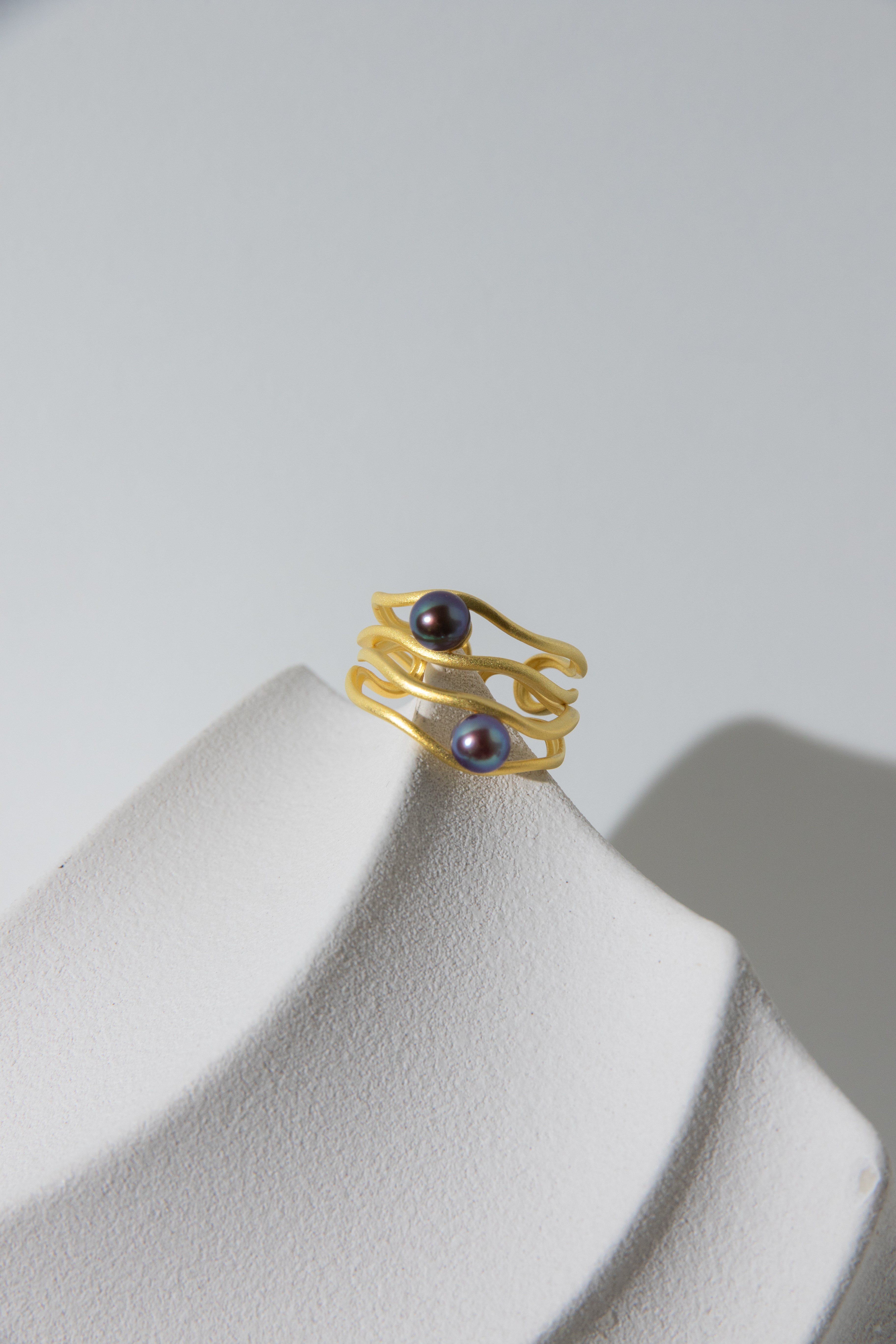 mini small round pearl ring in matte gold plated silver ring