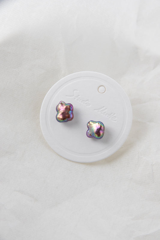 Splendid flower- excellent level aurora vivid purple and green clover shaped pearl studs-Nr.1