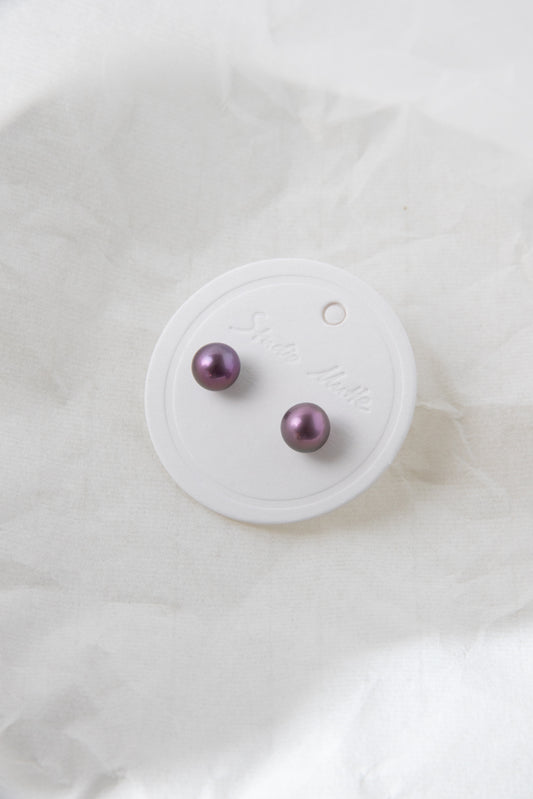 Natural purple round pearl ear studs-excellent level-NR.1