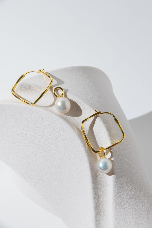 Detachable thick gold plated silver square earring with big drop pearl