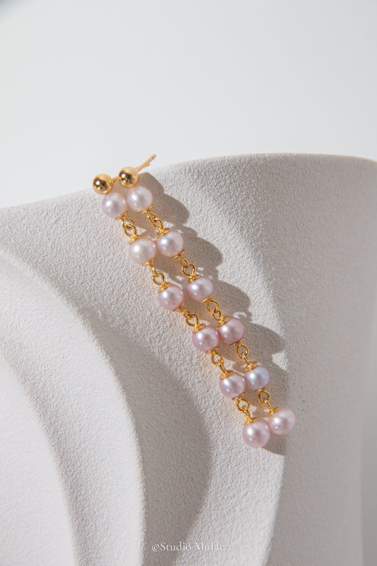 Super long golden rain in rose garden-long pink pearl earring.
